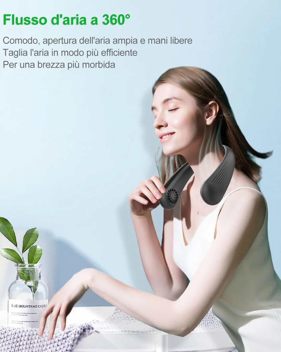 Kouric Ventilatore da Collo Portatile, Cuffie Ventilatore Silenzioso Senza Pale con 3 Velocità USB Ricaricabile, Peso 220g, Design Ergonomico e Confortevole per Ufficio e Studio Concentrazione Totale