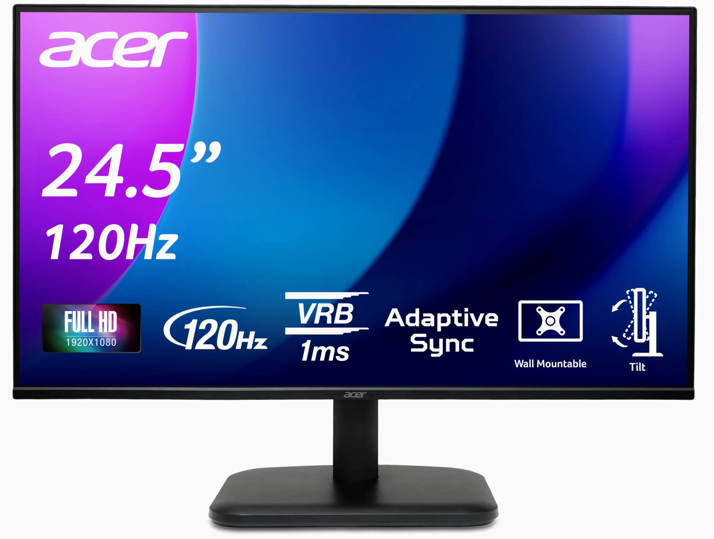 Acer EK251QG Monitor 24,5 pollici (schermo 62 cm) Full HD, IPS, 120 Hz, HDMI, 75 Hz, VGA, 4 ms (GTG), HDMI 1.4, VGA, AdaptiveSync