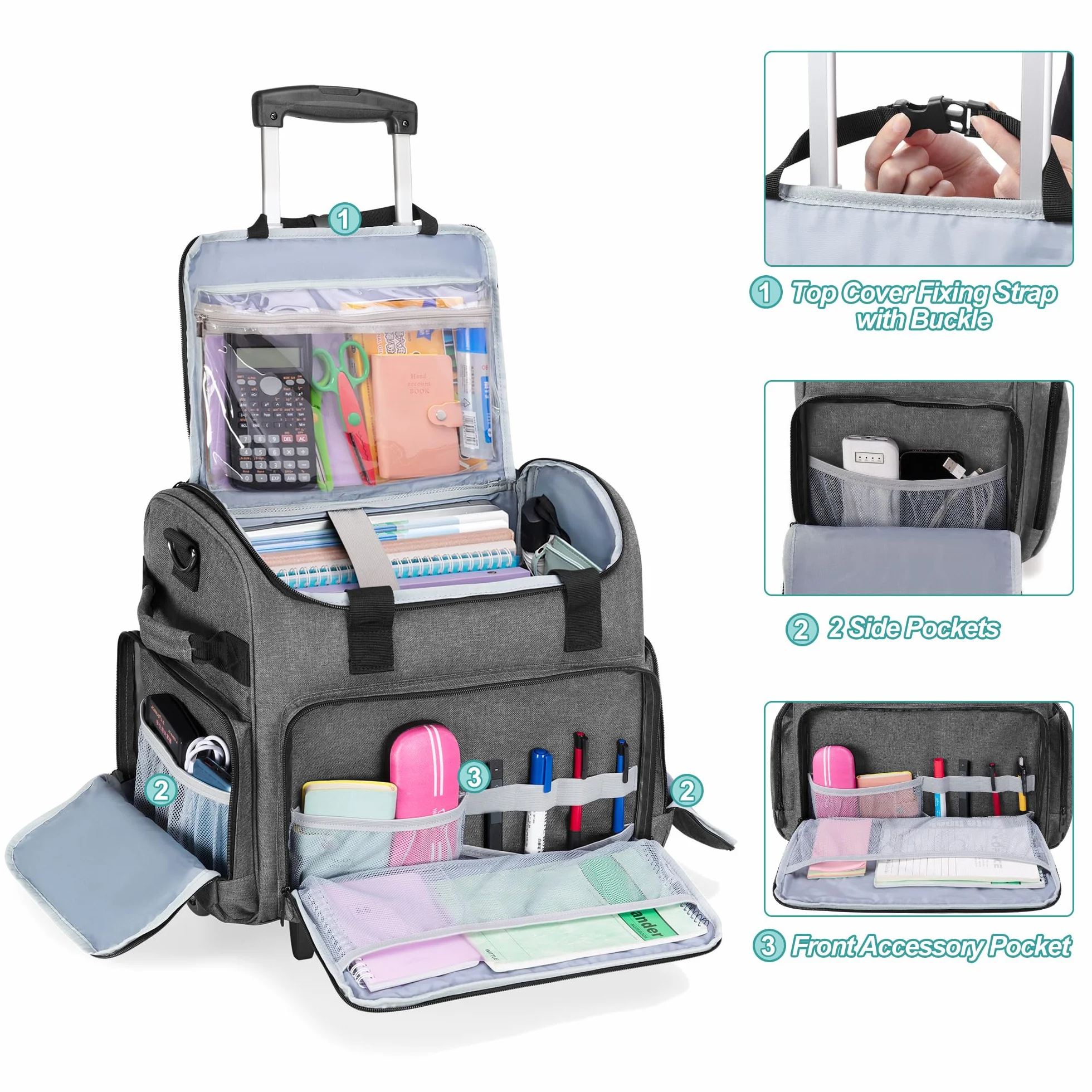 CURMIO Borsa da Insegnanti con Rotelle, Scomparto Organizzatore File Espandibile, Grigio