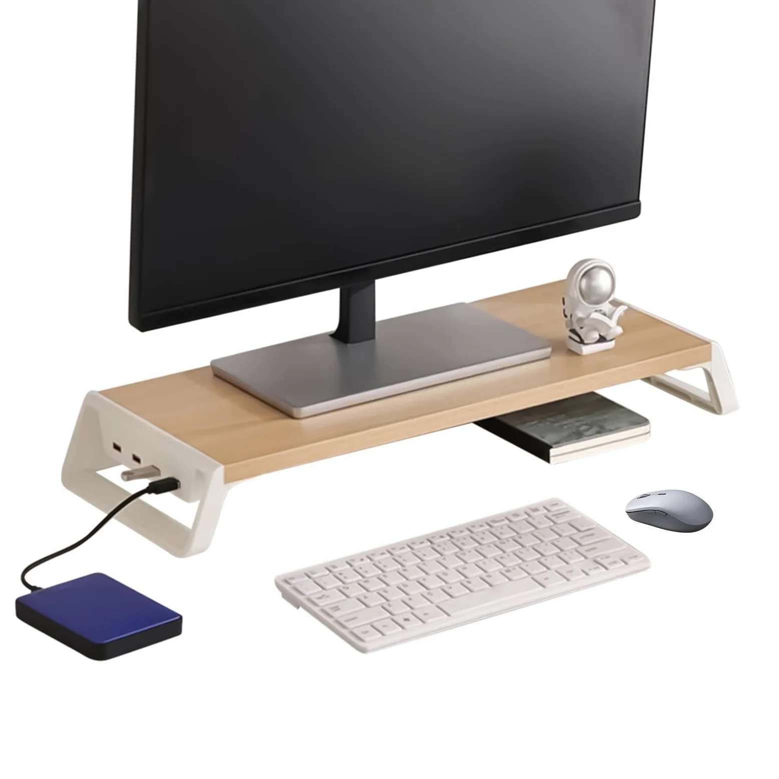 Rialzo Monitor Con Organizer Scaffale da Ufficio con 4 Porte USB | Rialzo in Legno per Monitor con Organizer Per Ufficio, Casa, Scuola, Dormitorio Universitario, Studio, Dormitorio, Internet