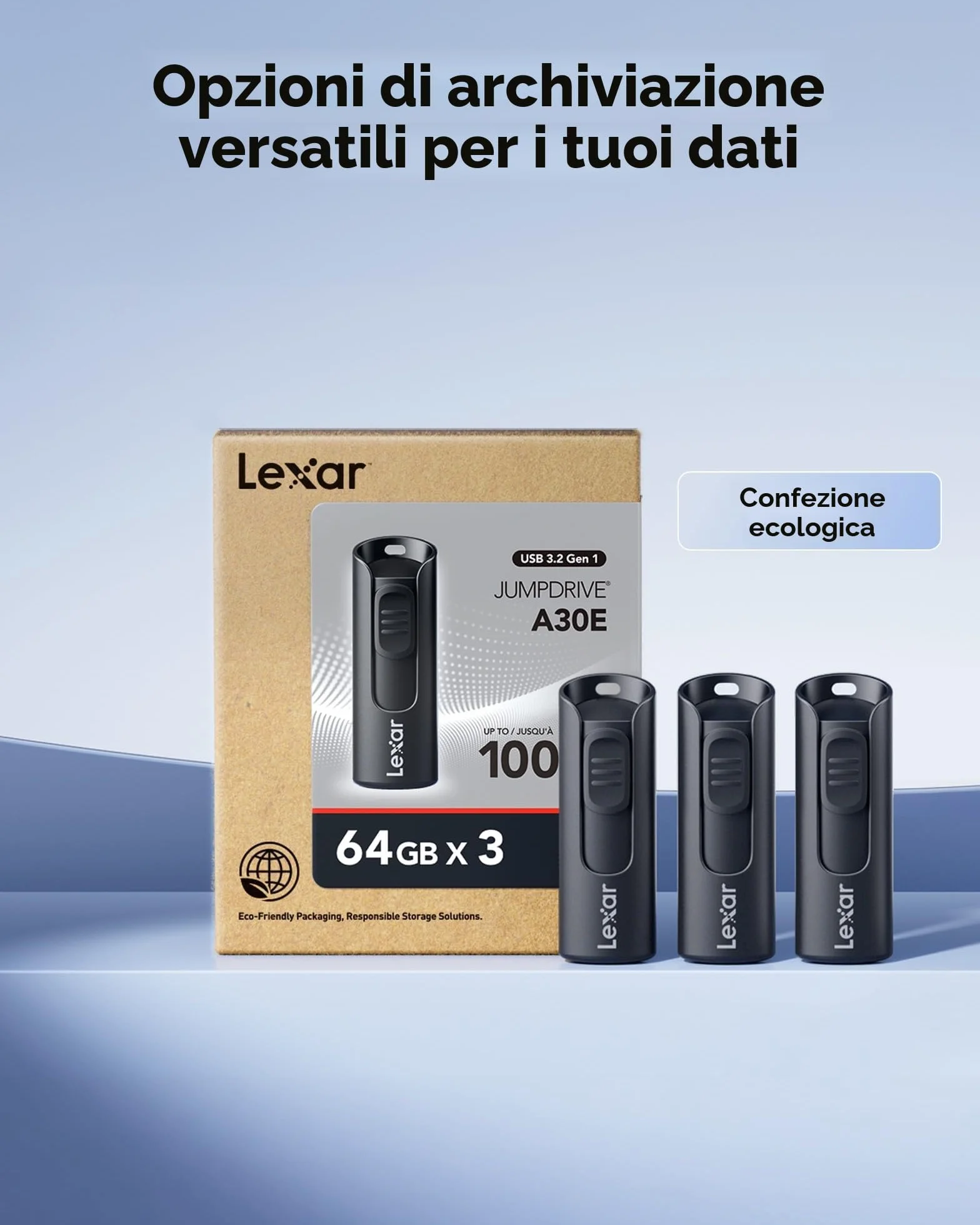 Lexar A30E 64 GB USB 3.2 Flash Drive 3-Pack 100 MB/s Read