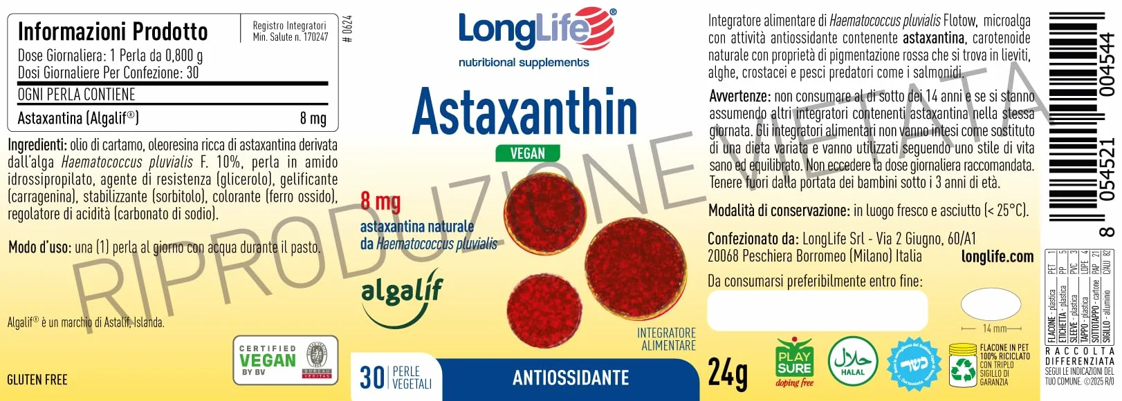 LongLife Astaxanthin Vegan 8 mg Astaxantina Naturale da Microalga Antiossidante Pelle Vegano Senza Glutine