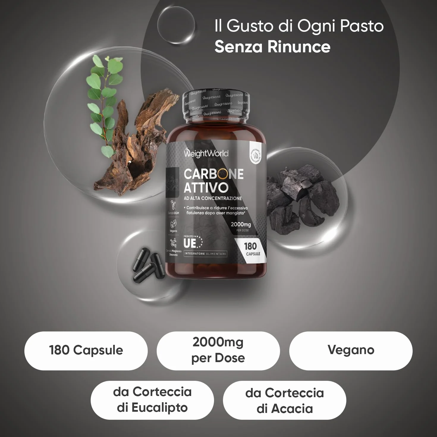 Carbone Vegetale Attivo 2000mg 180 Capsule Vegane, Riduce l'Eccessiva Flatulenza Dopo Aver Mangiato