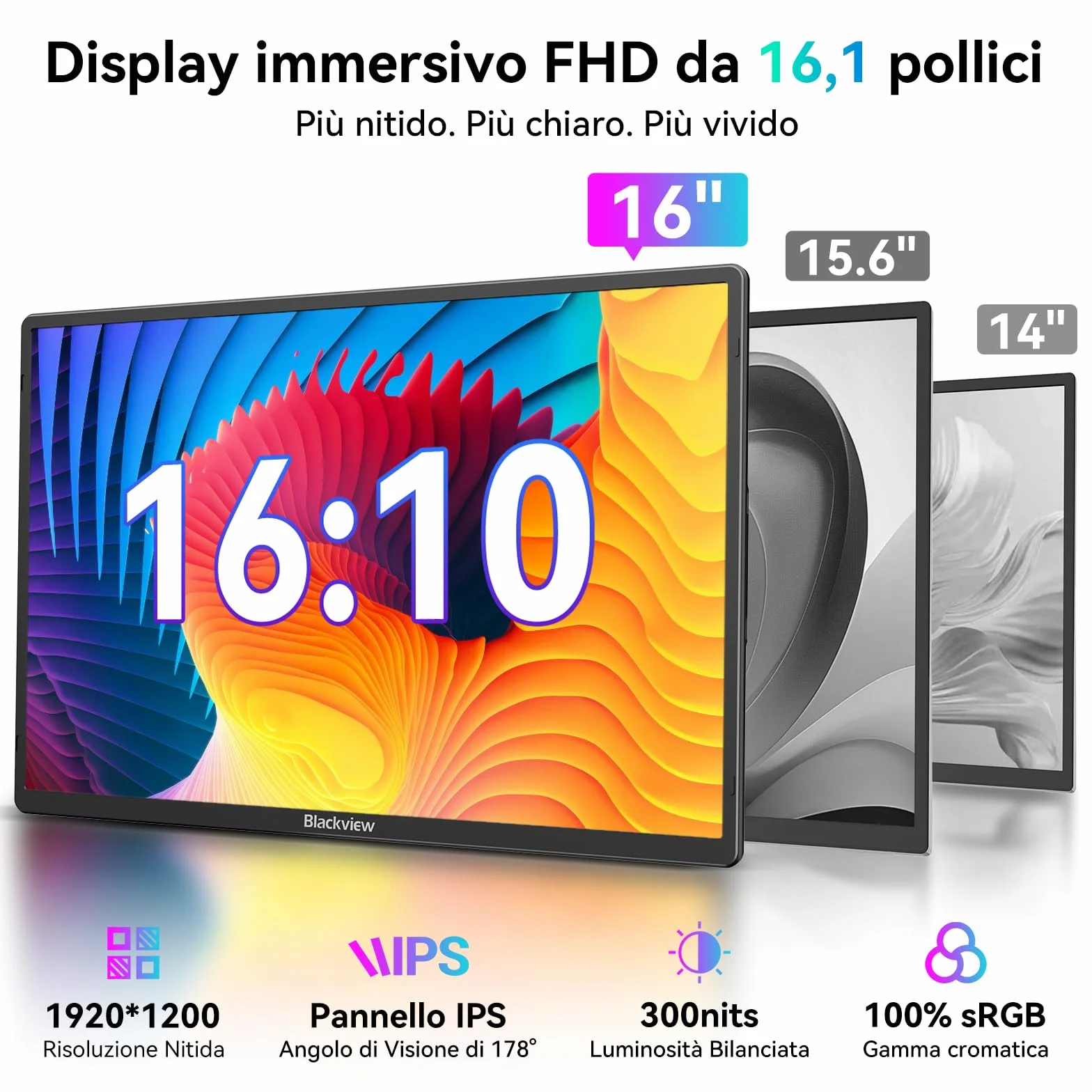 Blackview Monitor Portatile Ultra-Sottile 16.1 Pollici FHD 1200P, Supporto Magnetico Rotante 360°, Schermo Esterno Laptop per Viaggio & Ufficio, Plug & Play-Compatibile con Windows/Mac/PC/PS5