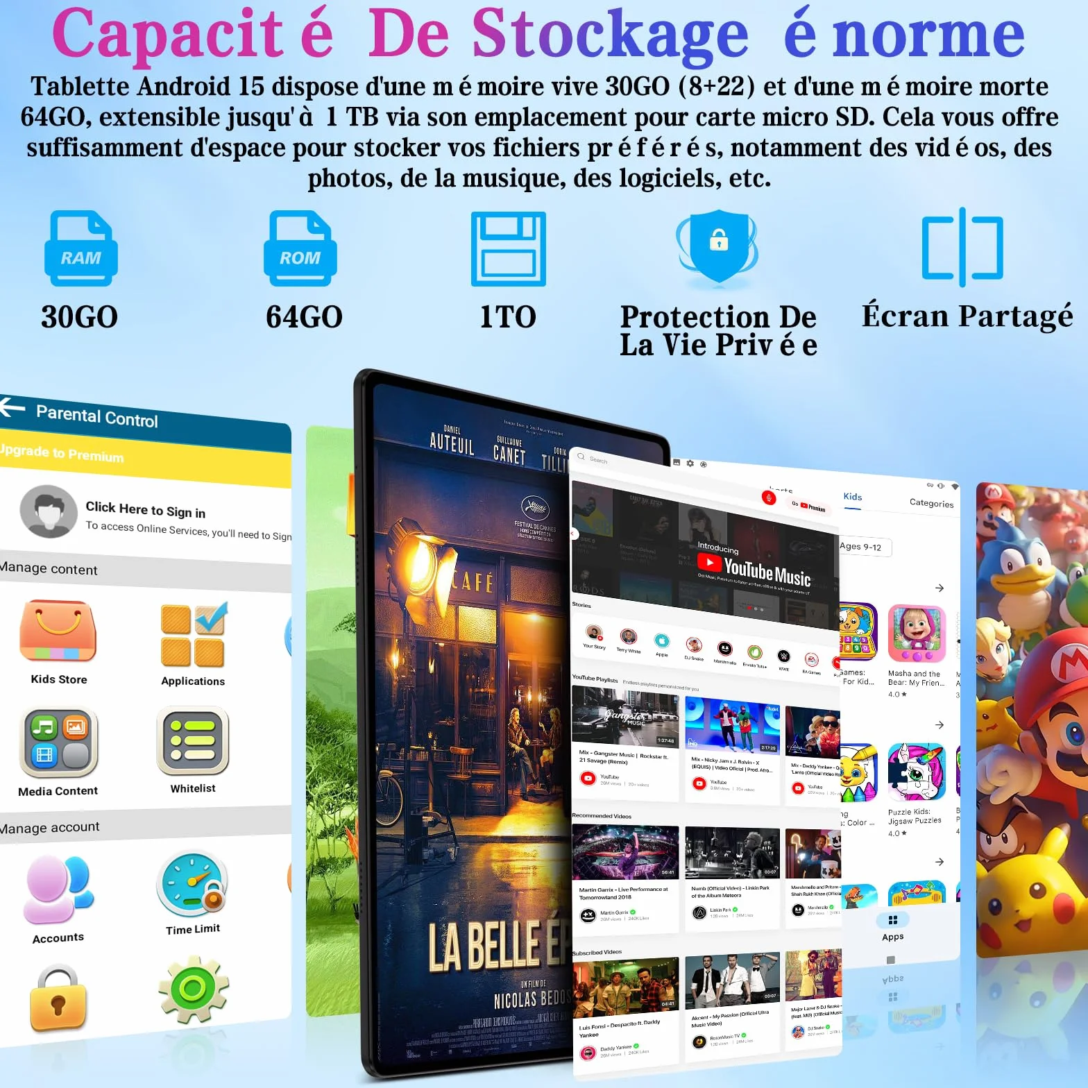 ZIOVO Tablet Bambini 10 Pollici Tablets Android 15, 30GB RAM+64GB ROM(TF 2TB), 5G WiFi Tablets,Gemini AI/Octa-Core/Widevine L1/Face ID/Parentale Controllo/6000 mAh/BT 5.0, Tablet con Eva Caso-Blu