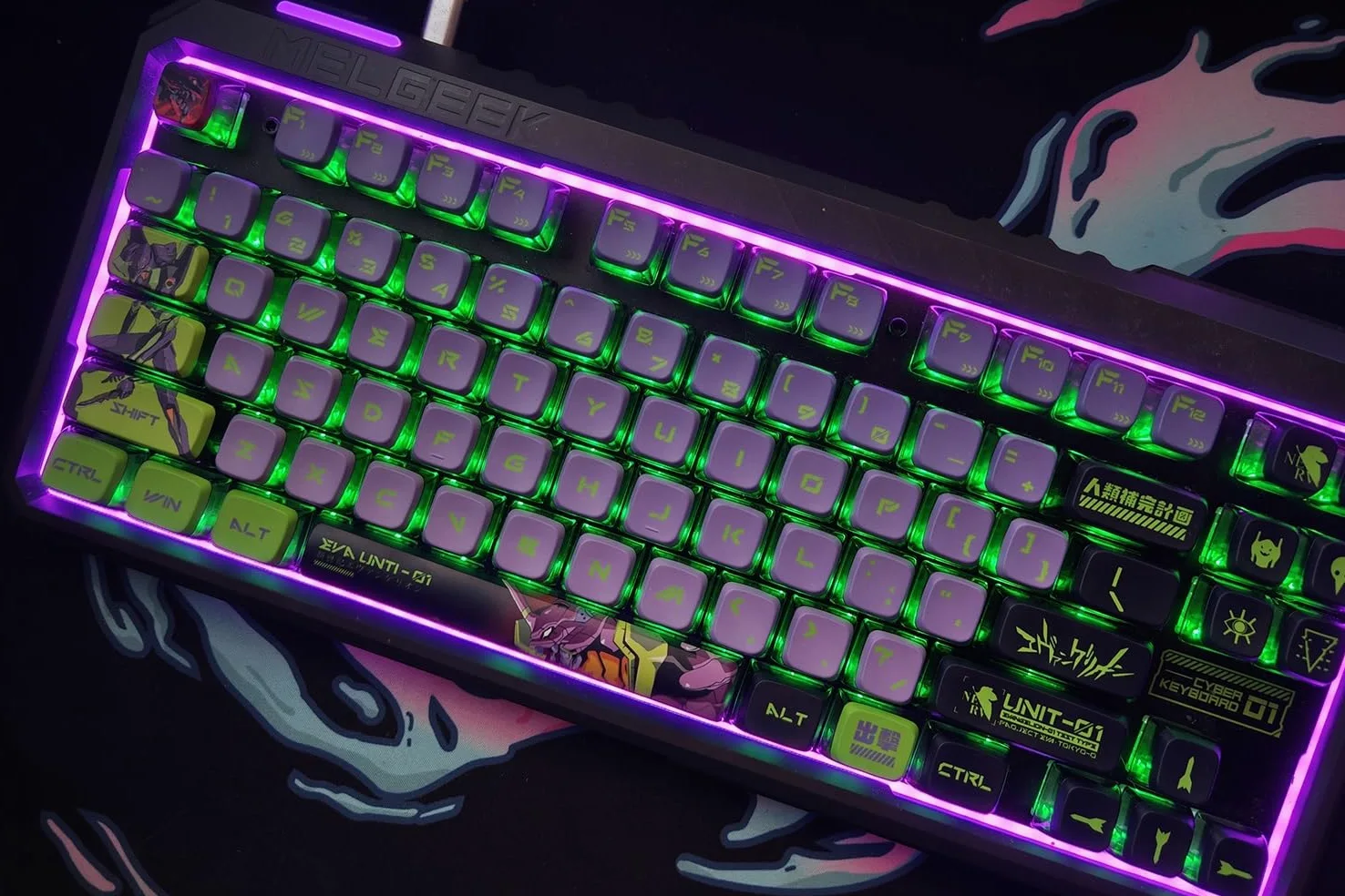 DucKey Copritasti Traslucidi Evangelion, Tastiera da Gioco Meccanica Eva Anime OEM Profilo PBT+Tastiera PC(EVA-01)
