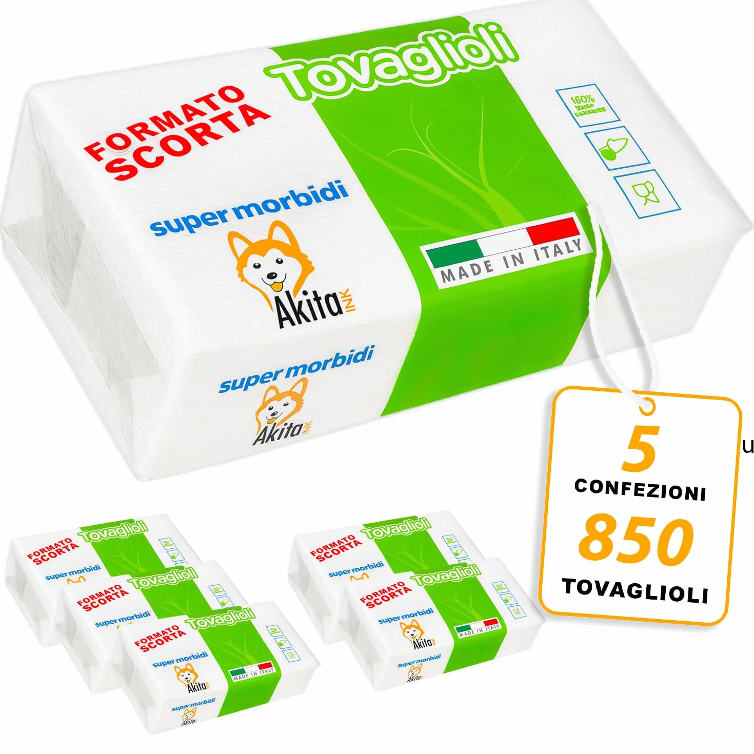 Tovaglioli Monovelo 850 1 velo Akitaink 5 Confezioni da 170 Pura Cellulosa Certificata FSC Made in Italy