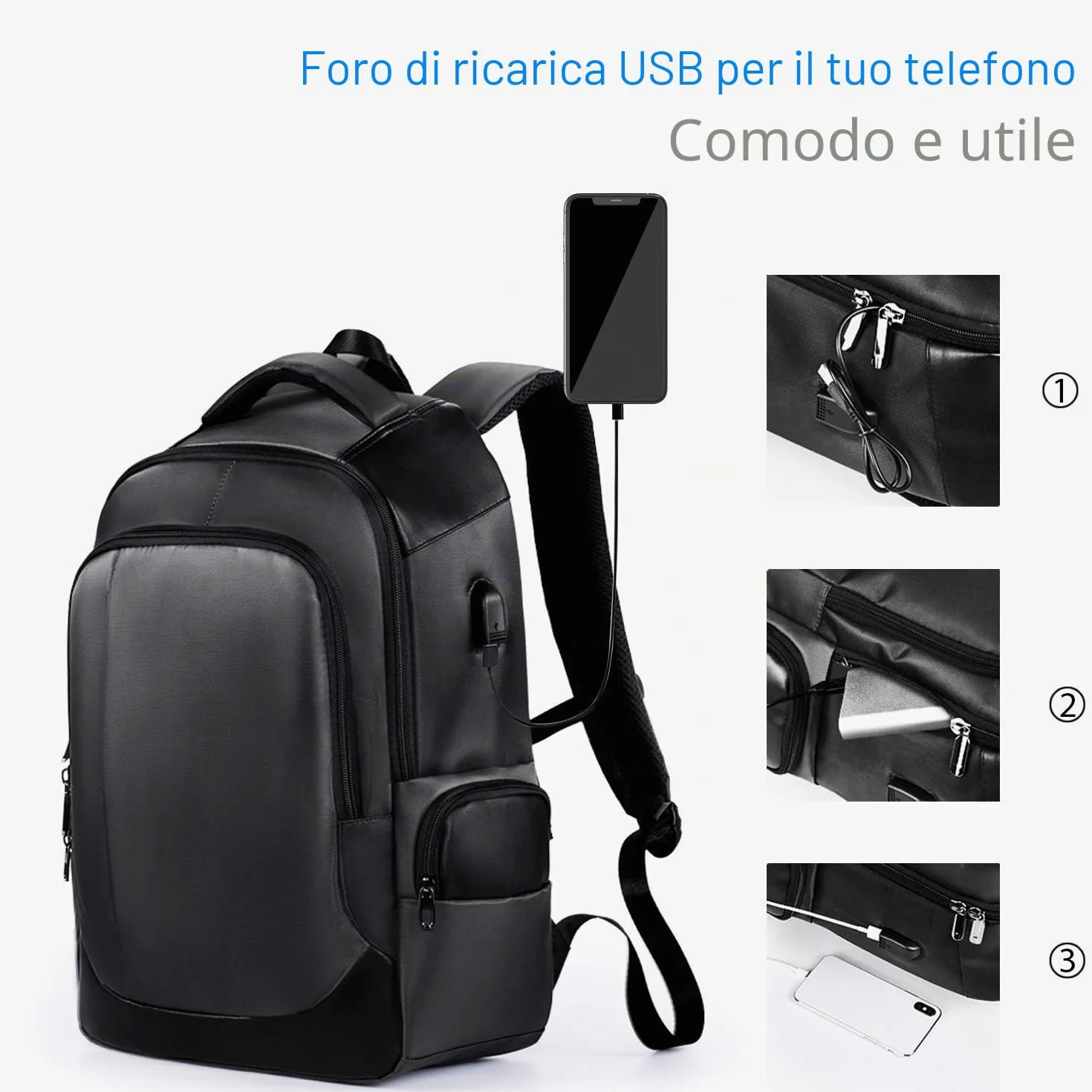 FANDARE Zaino Unisex con Porta USB - Borsa per Computer 15.6 Pollici, Universitaria da Scuola e Lavoro, Impermeabile Poliestere Nero