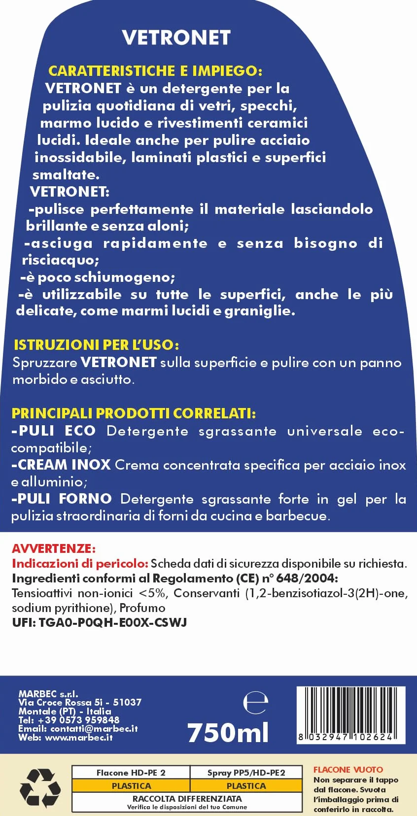 MARBEC VETRONET 750ML Detergente per vetri e superfici lucide