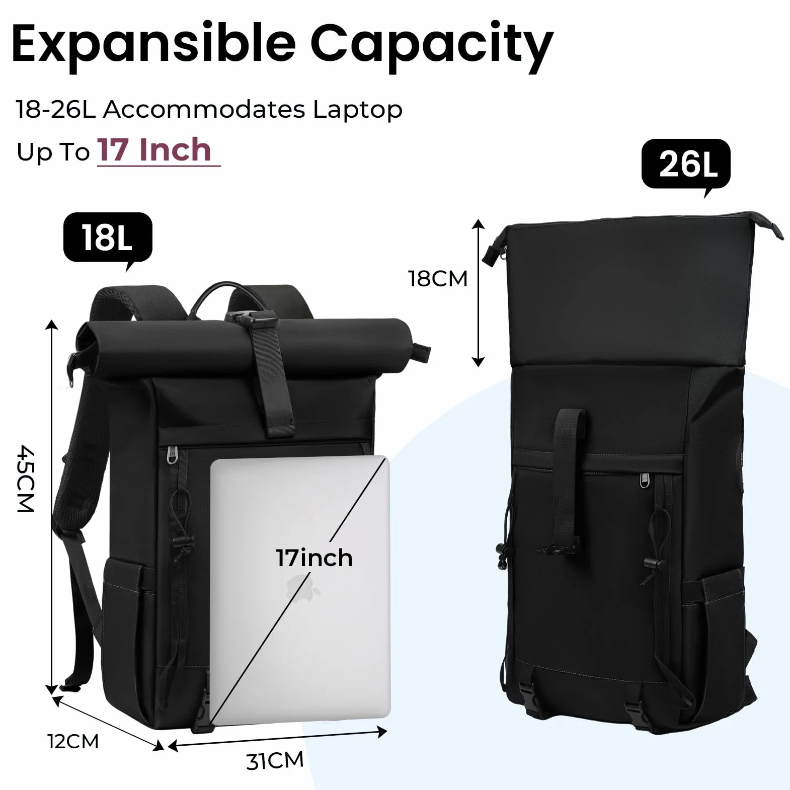 RAINSMORE Zaino Uomo Donna Porta PC 17 Pollici Impermeabile Zaino Viaggio | Zaino Trekking con Foro USB per Lavoro Alpinismo Trekking Campeggio Nero