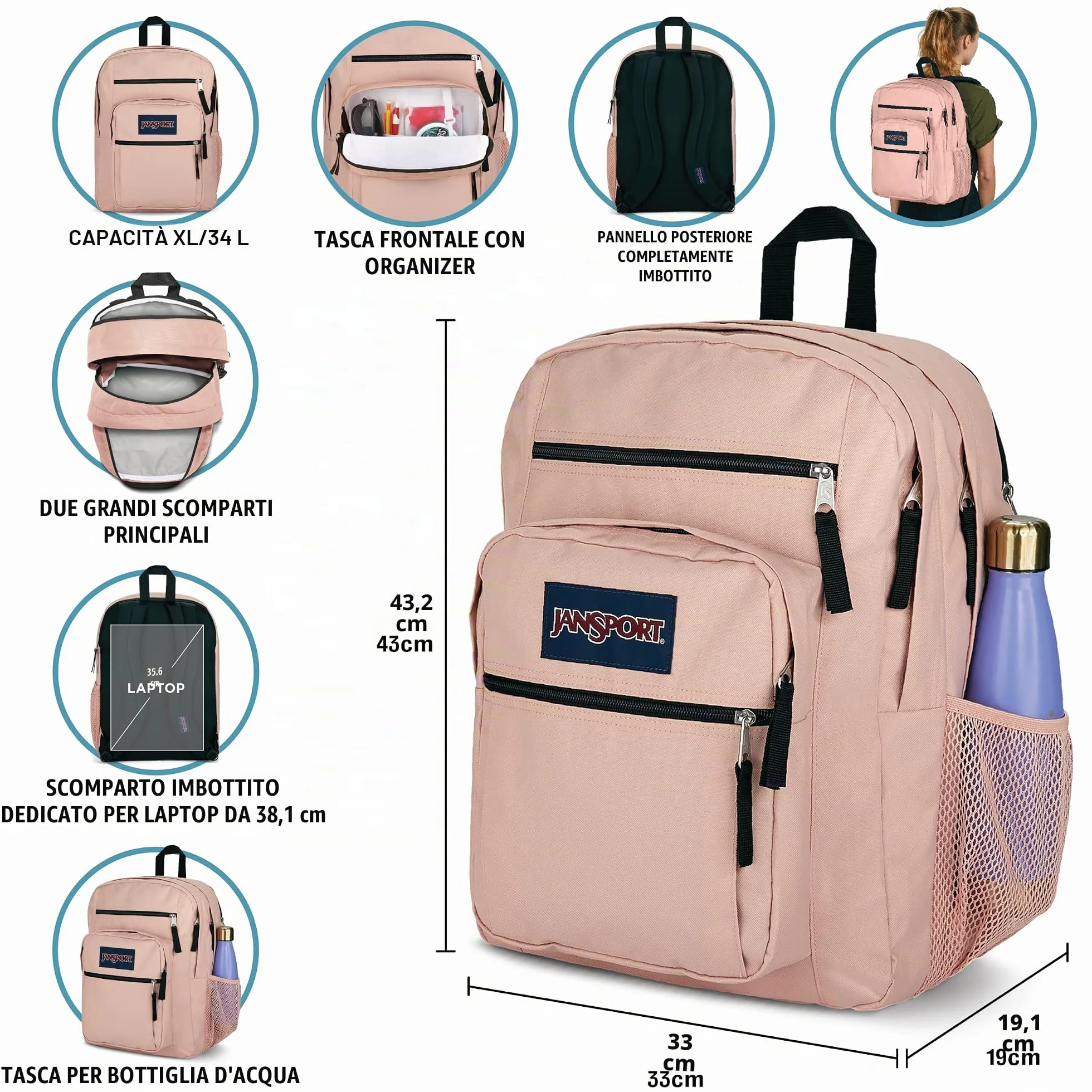 JANSPORT BIG STUDENT Zaino capiente con scomparto per laptop da 15 pollici, Pastel Lilac (Lilac)