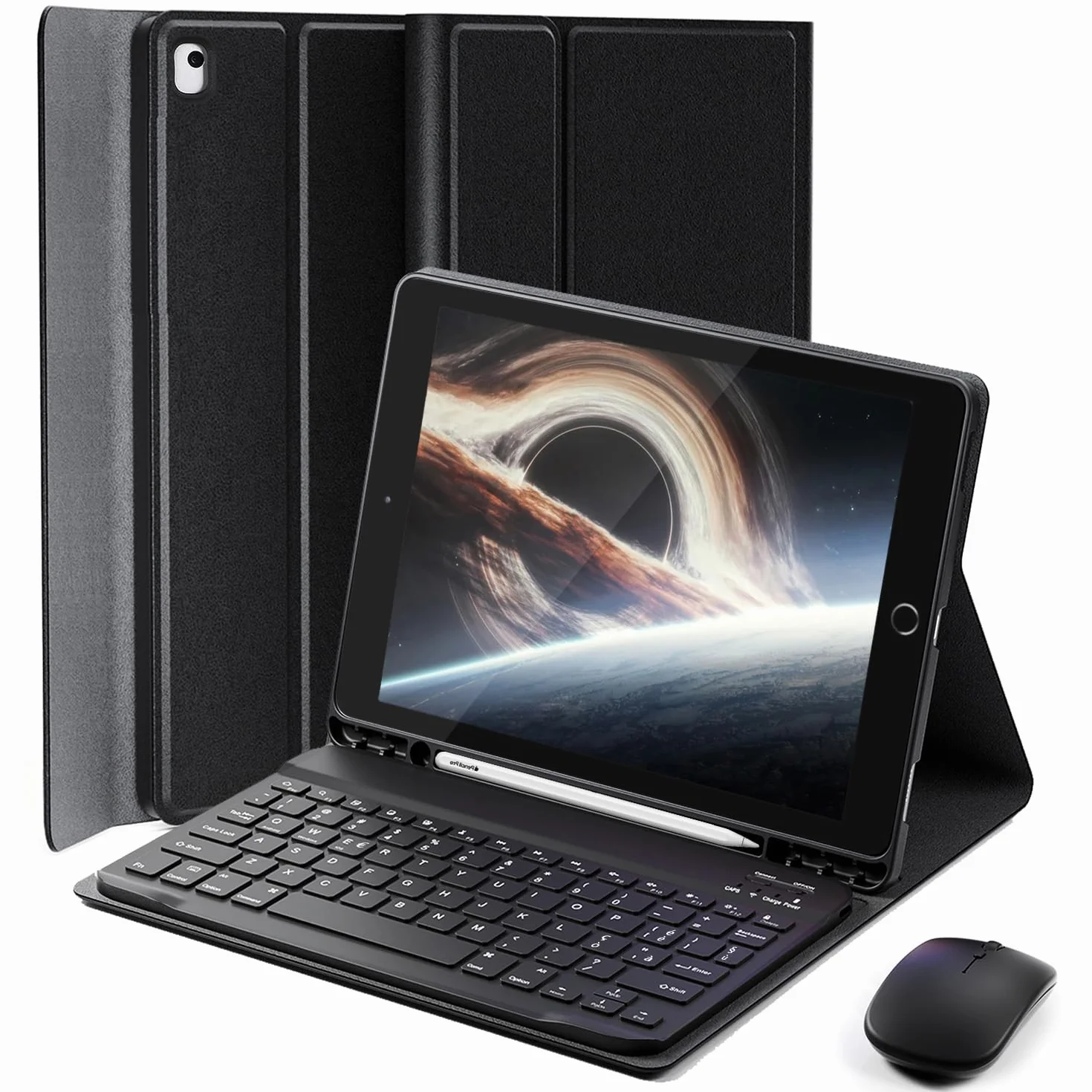 Cover per iPad 9/8/7 10.2" iPad Air 3 10.5" iPad Pro 10.5" con tastiera Bluetooth QWERTY e Mouse Nero