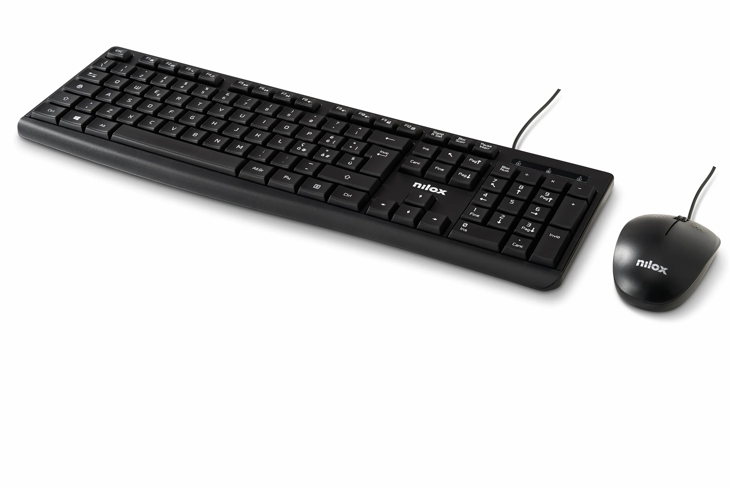 Nilox NXKMIT0012, Kit Tastiera e Mouse USB, Tastiera con Layout Italiano, Mouse con Sensore Ottico da 1200 DPI, Compatibile con Windows, Linux, MAC