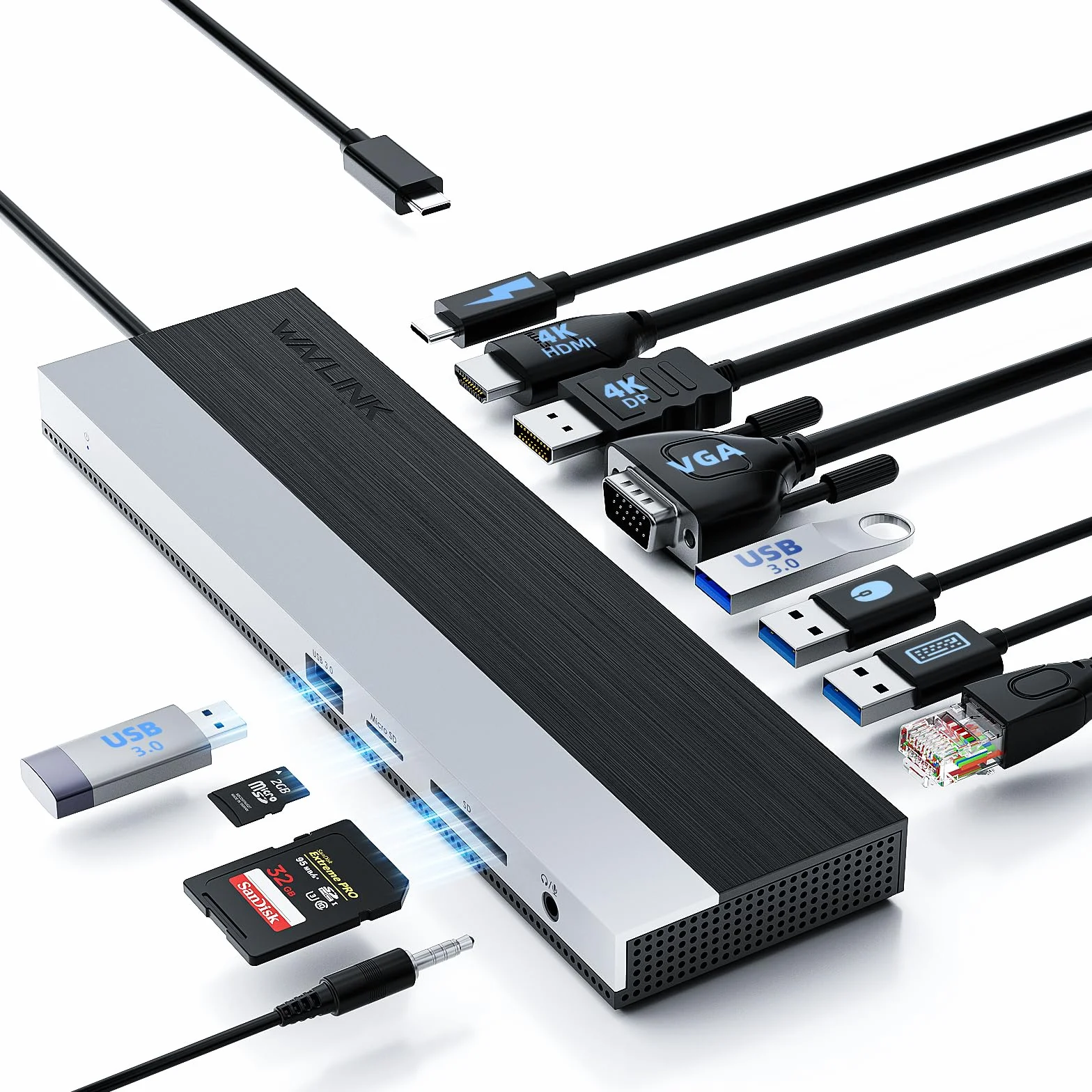 WAVLINK Docking station USB-C 3 monitor, docking station con HDMI, DP, VGA, 100W PD, USB3.0&2.0, RJ45, slot SD/TF, audio/microfono, per Lenovo/HP/Dell ecc. - Grigio