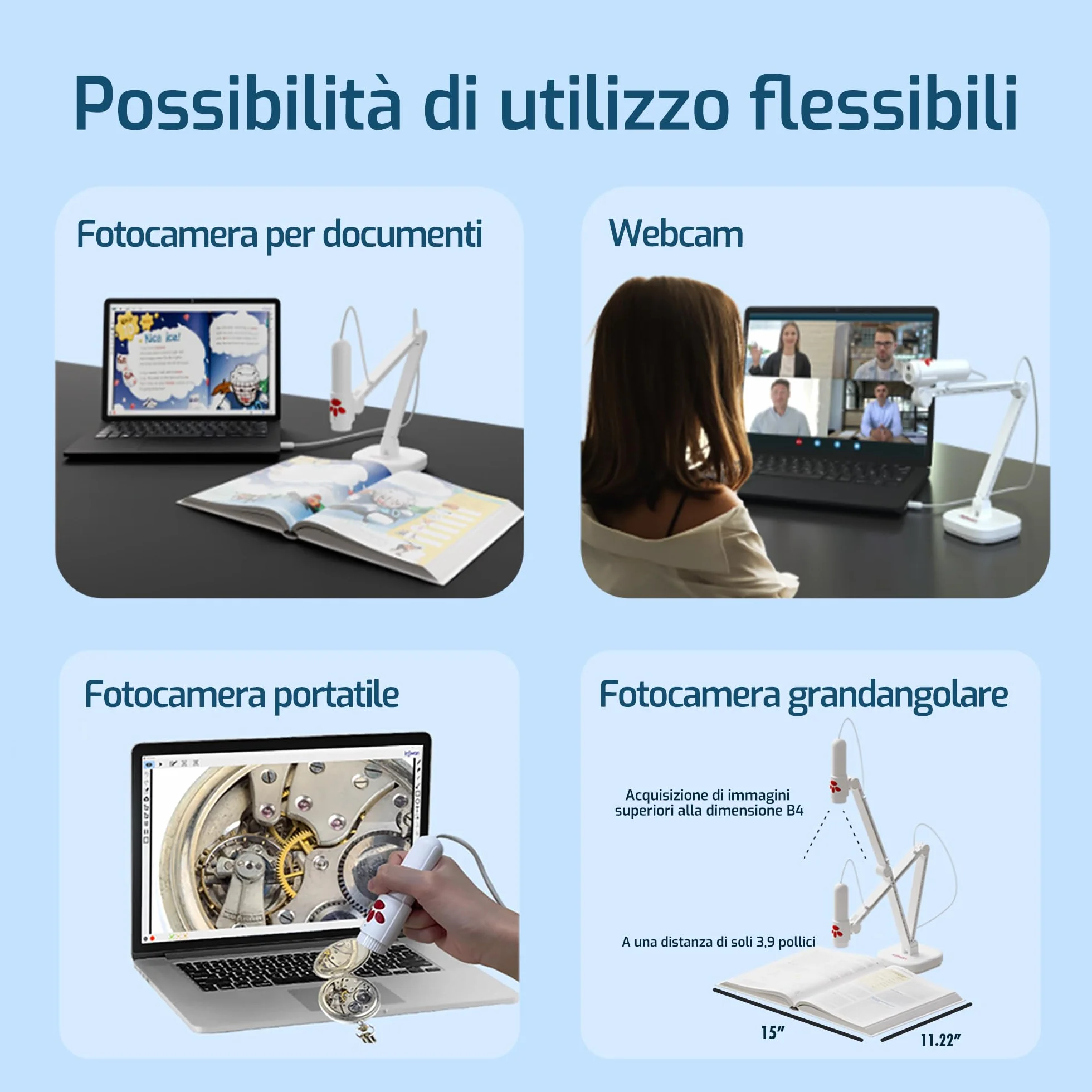 INSWAN INS-3 USB Camera Documenti con Auto Focus, Microfono Incorporato e Luci per Windows, Mac OS, iPad, Chromebook