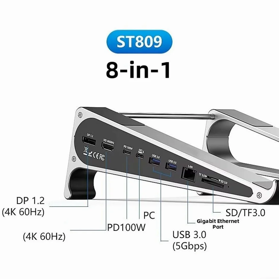 Supporto per laptop in alluminio con doppio hub 4K 100W per laptop in | Design pieghevole, leggero e portatile, adatto per zaini, viaggi d'affari, uso domestico e ufficio