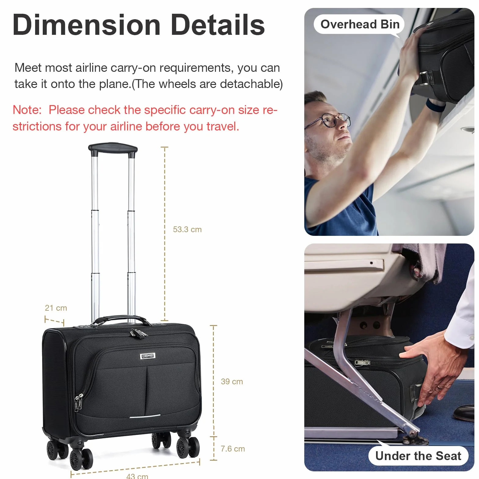 Borsa Trolley Porta PC con lucchetto TSA 4 Ruote per Laptop 15,6 Pollici Impermeabile Valigia per Viaggi - Nero