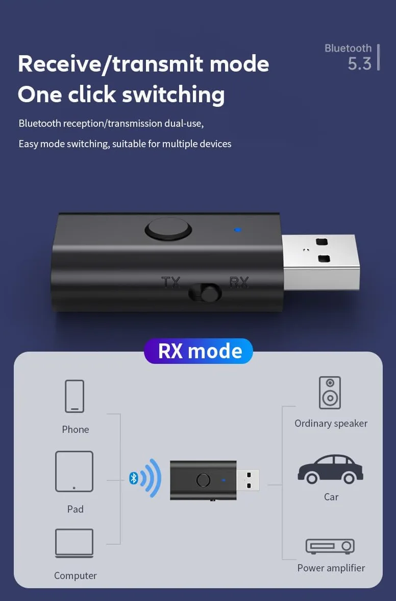 Ricetrasmettitore 5.3 Adattatore USB 2 in 1, adattatore USB Bluetooth, adattatore USB wireless AUX da 3,5 mm, bassa latenza, microfono integrato, streaming musicale, chiamate in vivavoce,