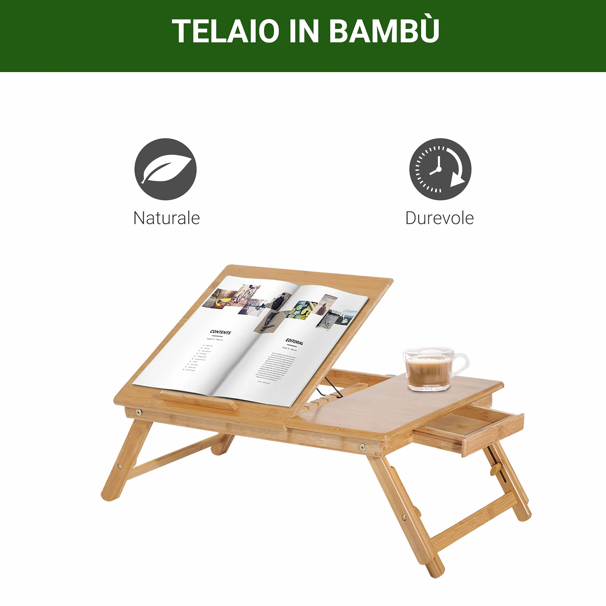 HOMCOM Tavolino da Letto per PC Portatile con Sistema di Raffreddamento in Bambù, 55x35x22-32.5cm