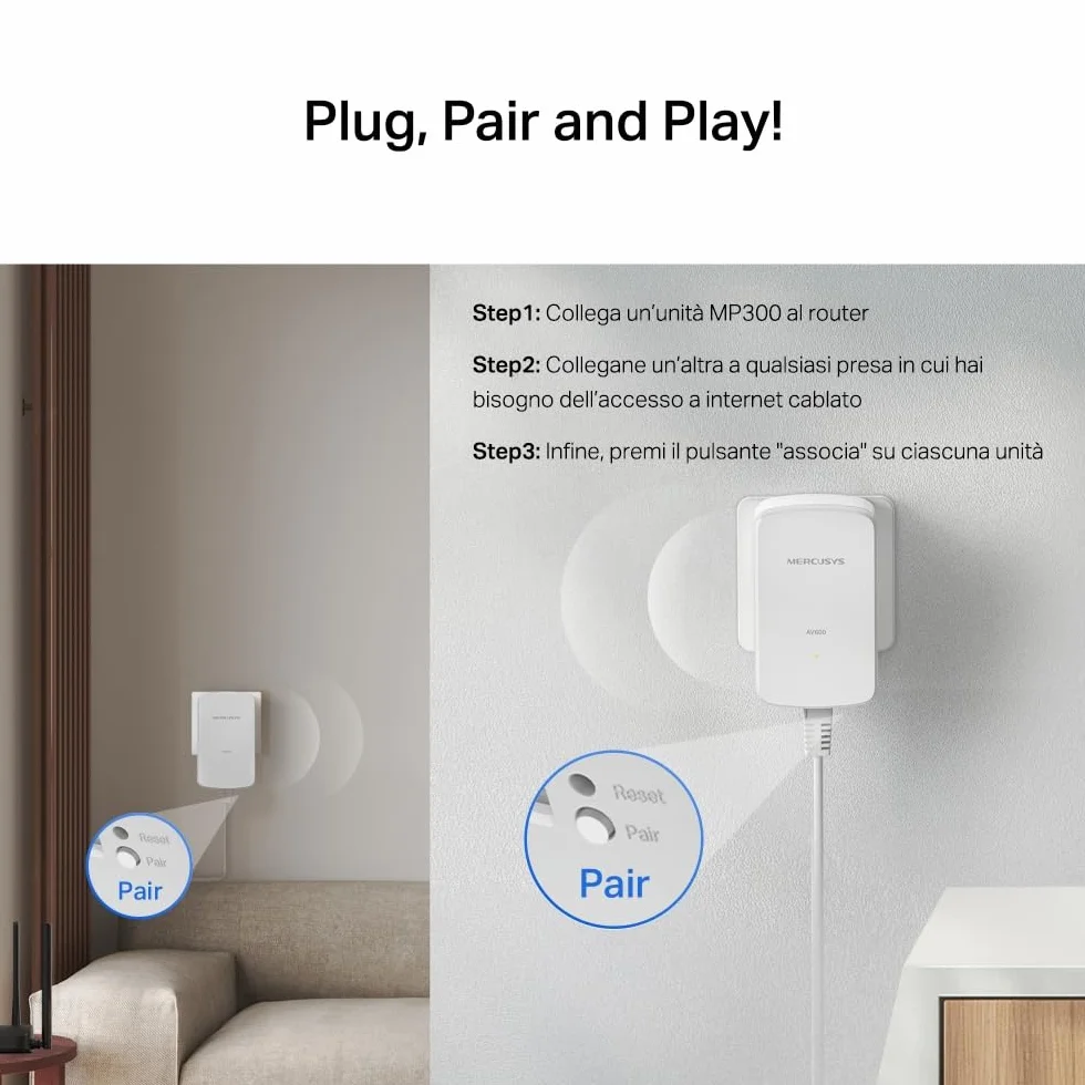 MERCUSYS MP300 KIT Powerline Kit Homeplug AV2 Fino a 600Mbps, Fino a 300 Metri, Porta LAN, Plug and Play, Compatibile con Tutti i Router, Risparmia all'85% sull'Energia