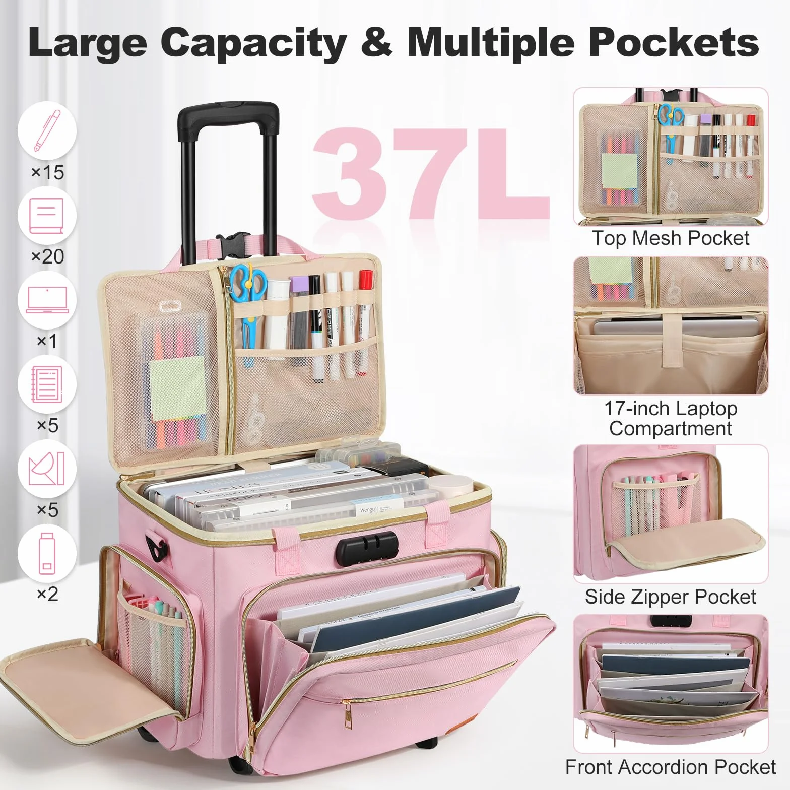 Housolution Borsa Insegnante con Ruotata, Borsa Tote con Trolley Staccabile, Valigetta Lavoro con Ruote per Laptop, Carrello Portadocument Organizer a Fisarmonica, Adatta per Laptop da con 15,6", Rosa