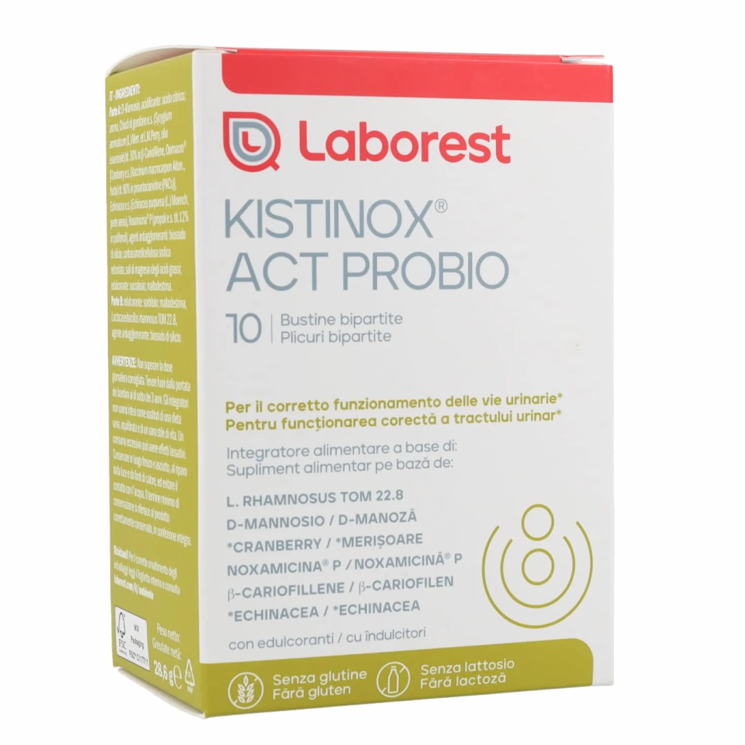 Kistinox act probio 10 bustine Integratore vie urinarie L. rhamnosus D-Mannosio Cranberry Noxamicina β-Cariofillene Echinacea