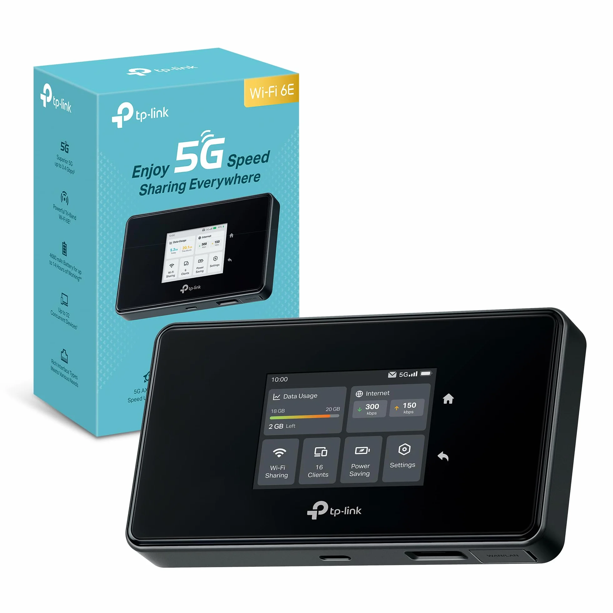 TP-Link M8550 Router 5G WiFi 6E AXE3600Mbps Tri-Band, Batteria 4700mAh, WAN/LAN Gigabit, Touchscreen
