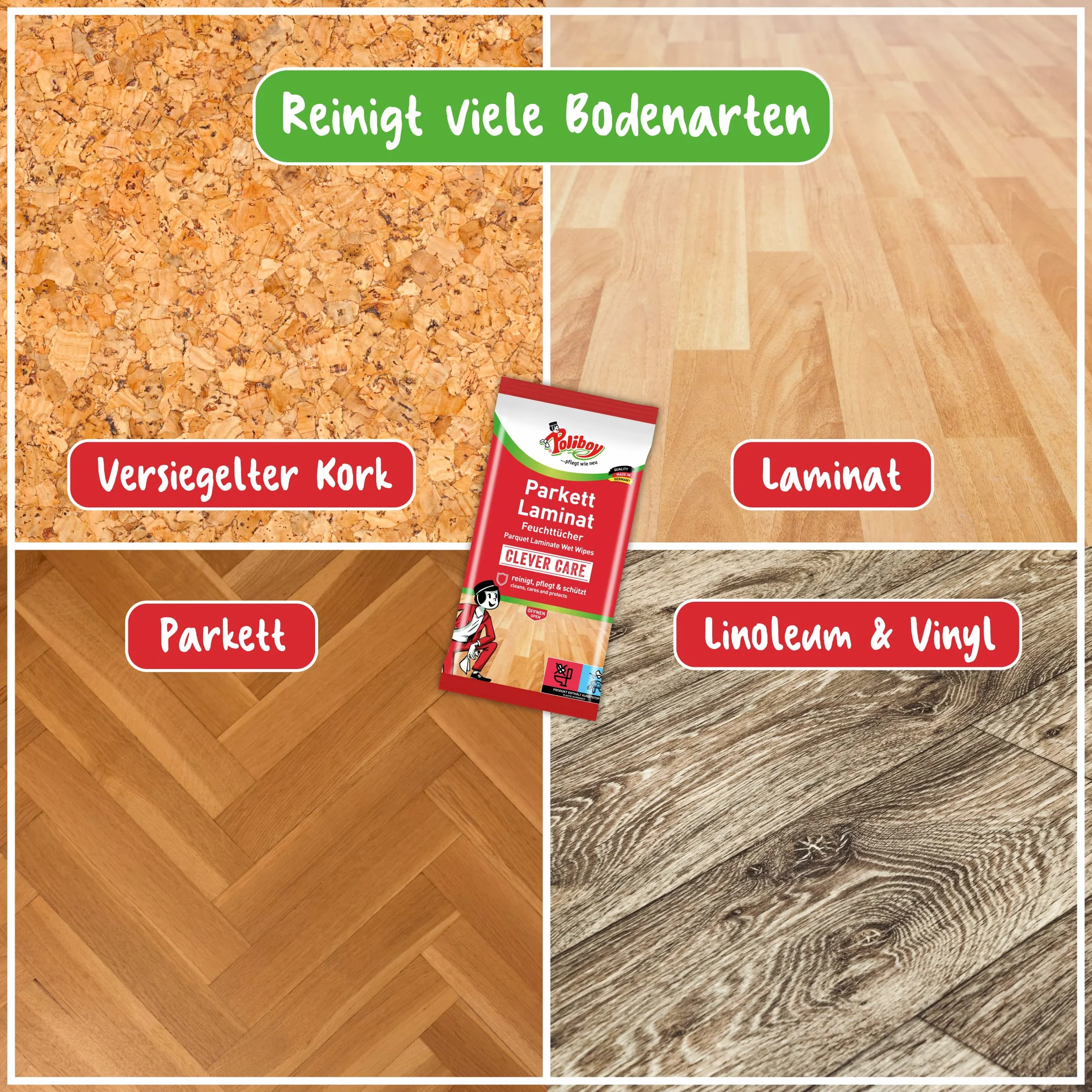 Poliboy salviettine umidificate per parquet laminato 3x15 salviette made in Germany