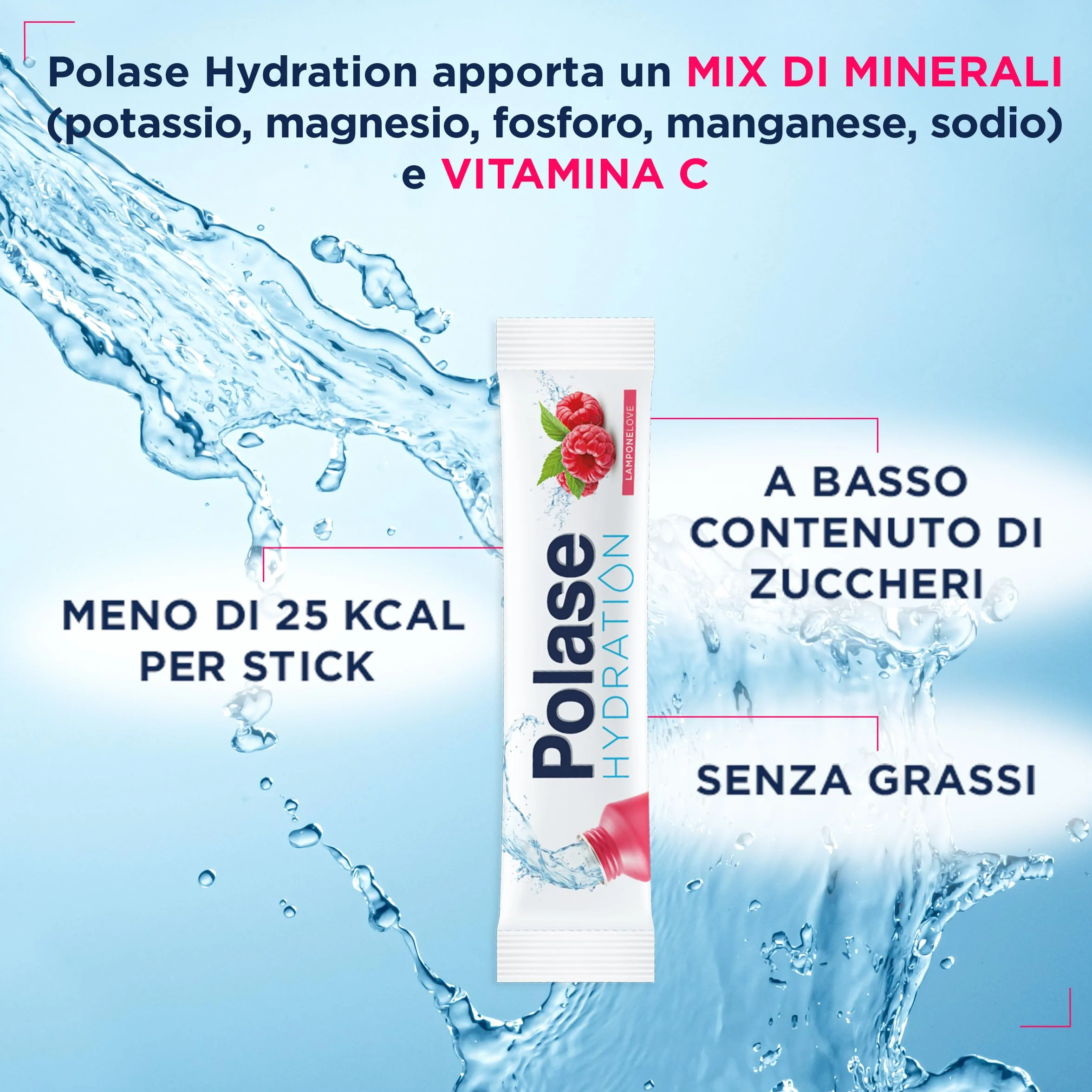 Polase Hydration, Integratore Alimentare Sali Minerali con Magnesio e Potassio e Vitamina C, Gusto Lampone, 12 sticks