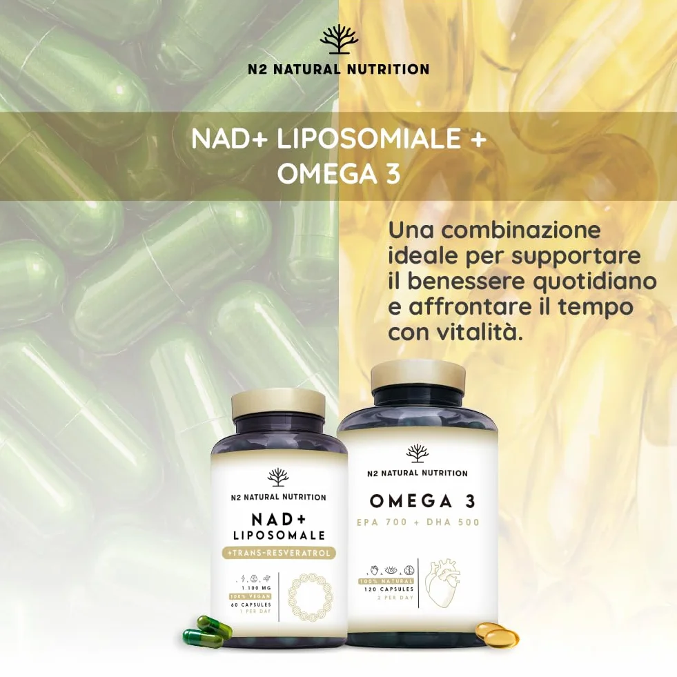 N2 Natural Nutrition NAD+ Trans Resveratrolo 1100 mg con Nicotinamide Riboside, Niacina e Vitamina E. Integratore Liposomal. 60 Capsule