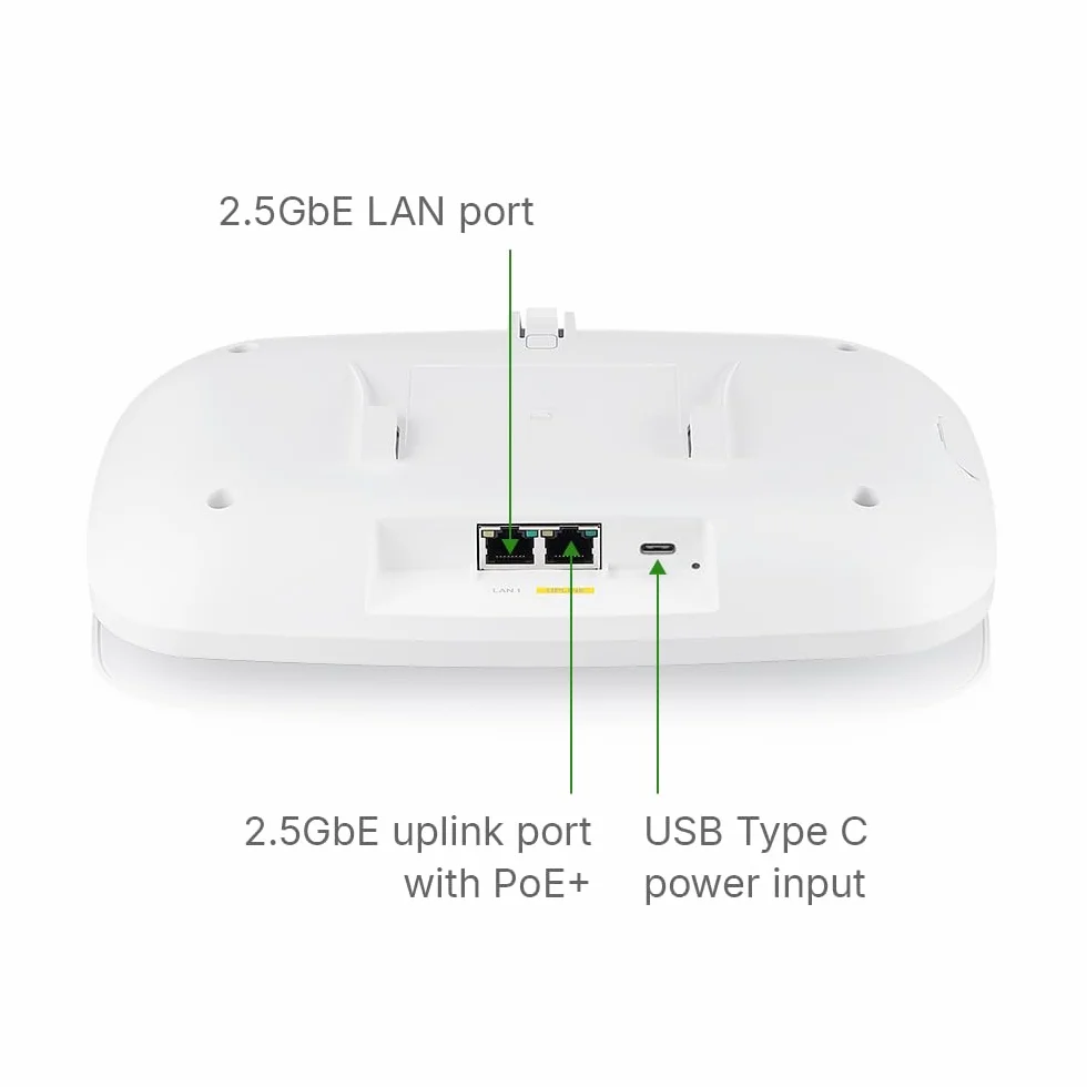 Zyxel WiFi 7 BE11000 Access Point PoE | 2 Porte Ethernet 2.5Gb | PoE+ | Triple Radio Livello Azendiale | Mesh | Gestione Cloud, App o Standalone | Alimentatore USB C (Non Incluso) [NWA130BE]