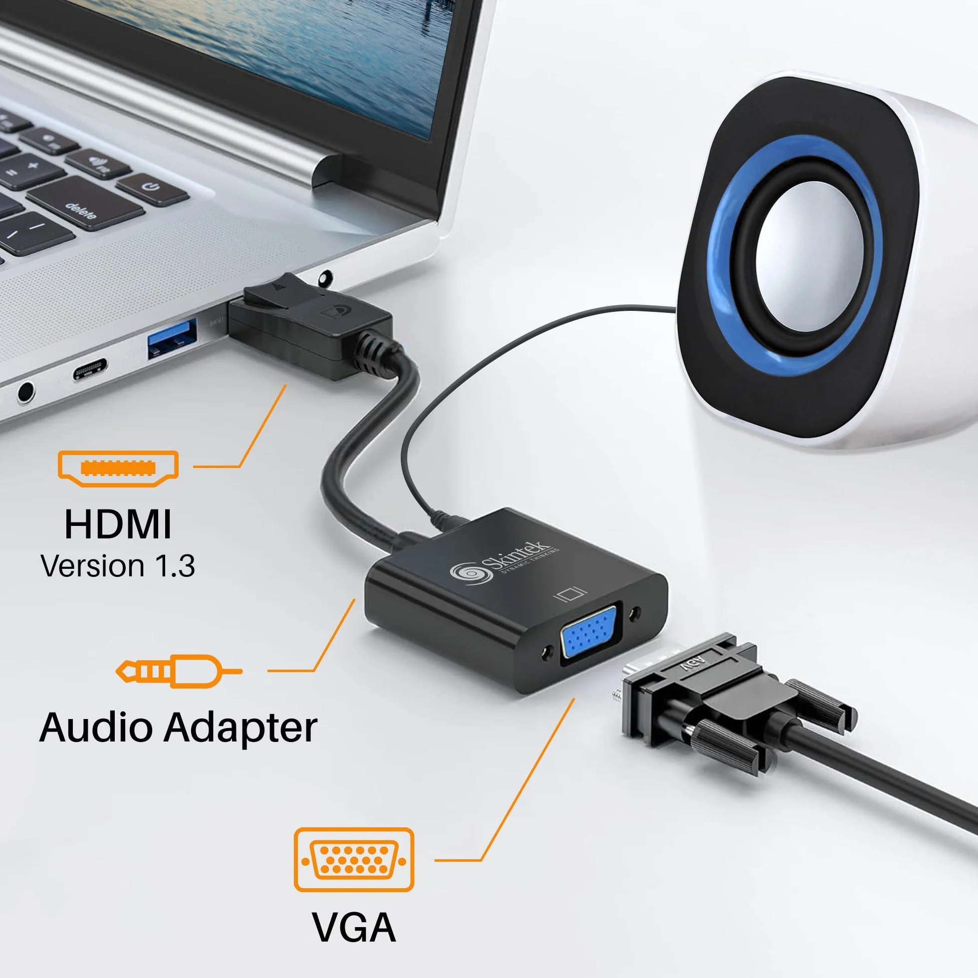 Skintek SK-04-HV adattatore da HDMI a VGA (D-SUB), 1080p 60Hz, Porta Audio da 3,5mm, per PC e Notebook. Per connettere un PC/Notebook a Monitor, Projettore, con ingresso VGA. Cavo 15 cm.