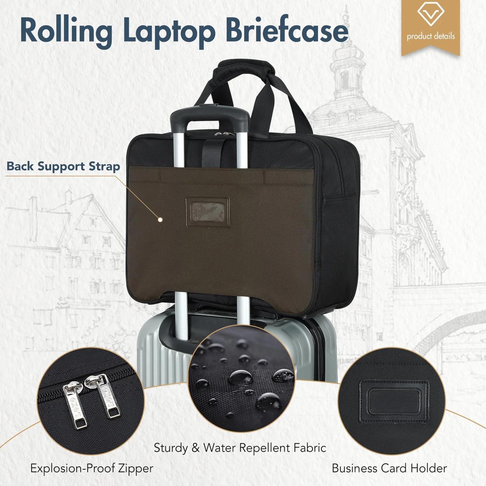 Borsa per Laptop con 4 Ruote Trolley Porta PC Notebook 15,6 Impermeabile Viaggio Nero