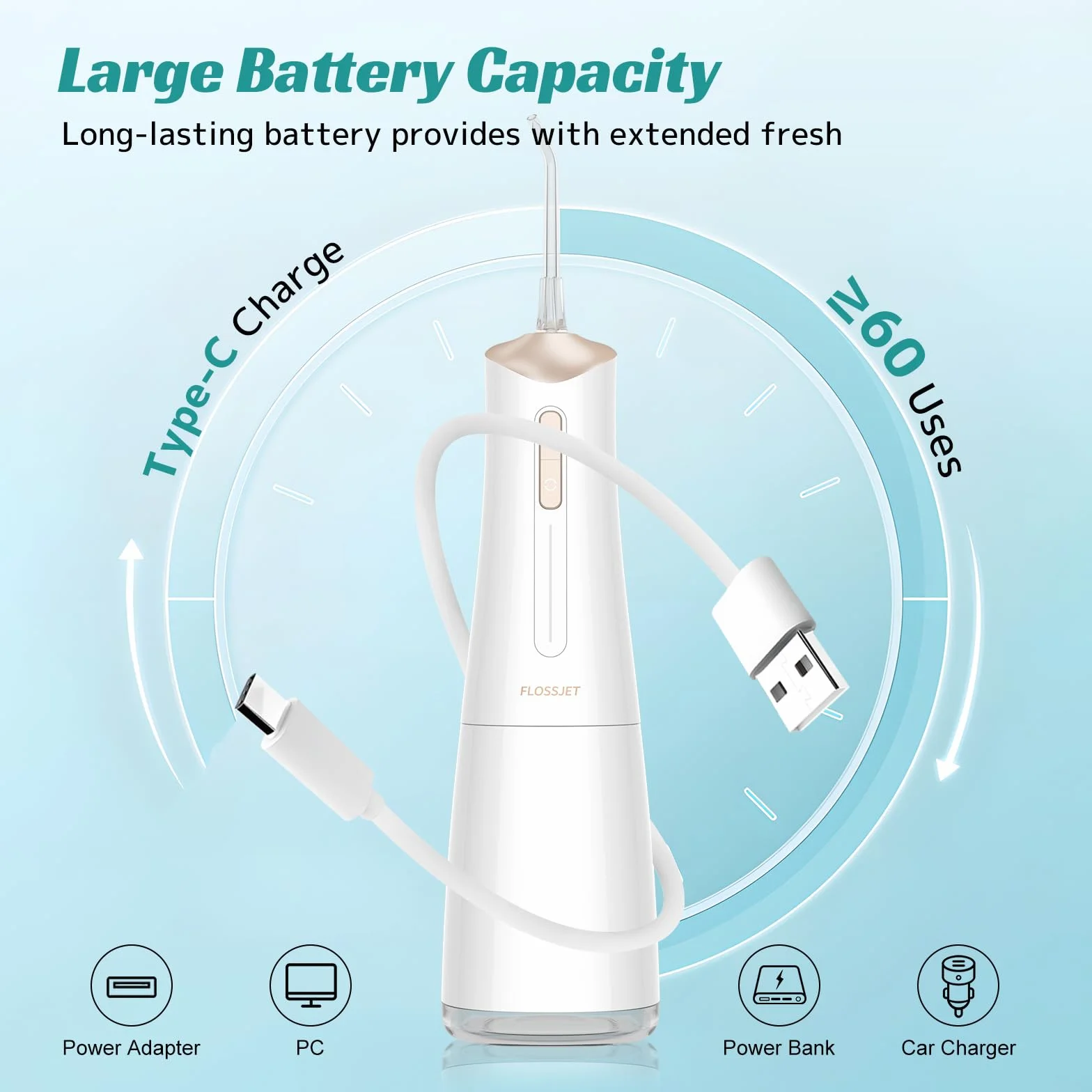 FlossJet Irrigatore Orale Portatile Professionale 300ML IPX7 Ricaricabile Bianco