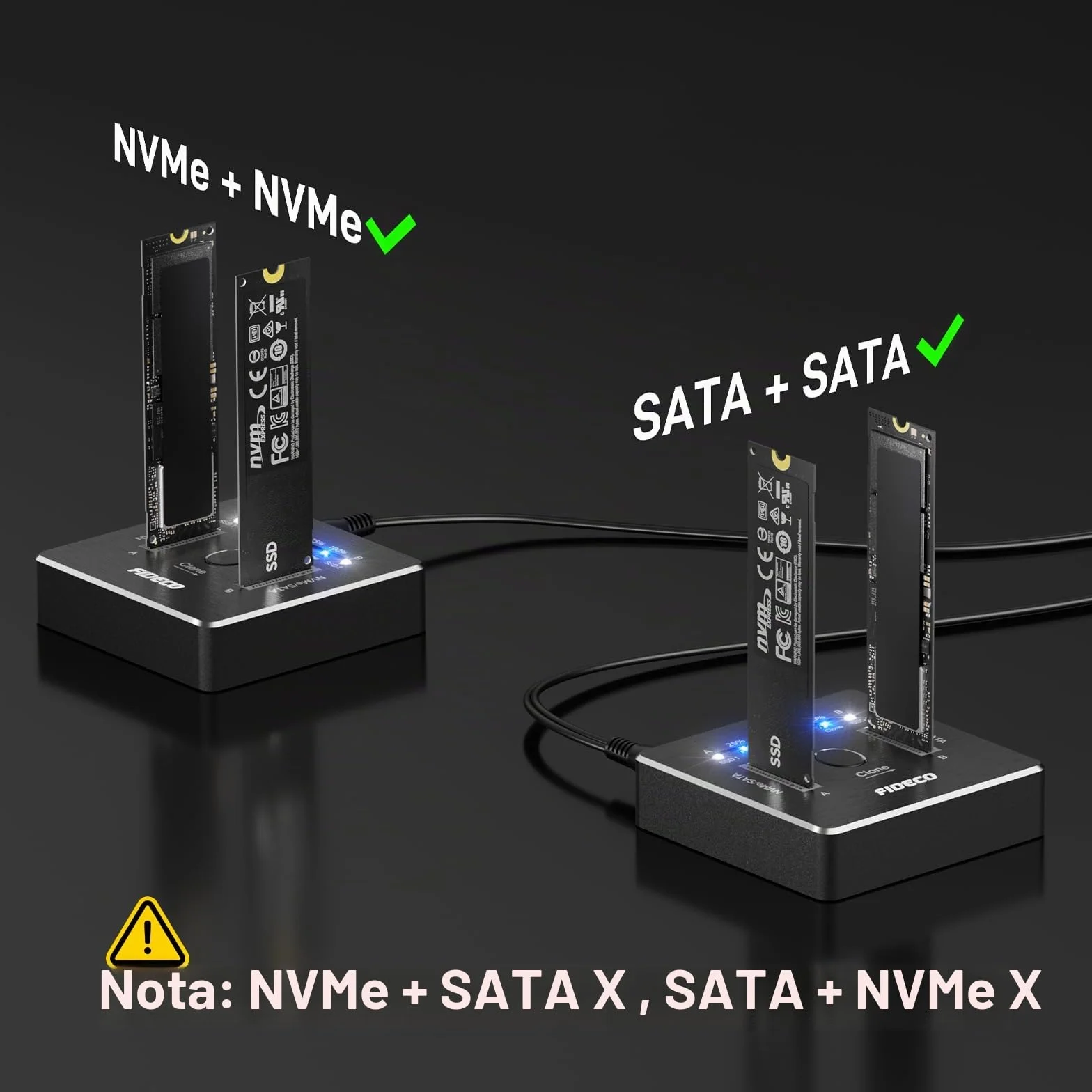 FIDECO M.2 NVMe SATA SSD Enclosure USB 3.2 Gen 2 10Gbps Aluminium Clone Support