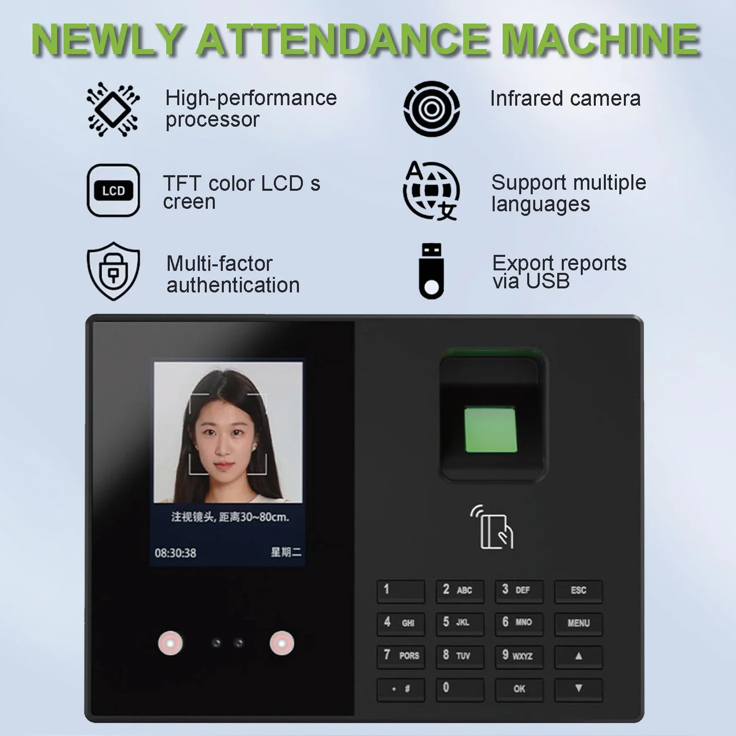 Rilevazione Presenze Intelligente per Piccole Imprese, Orologio Dipendenti Viso+Impronta Palmare+Impronte Digitali+Password, Display 2,8", 0 Canone Mensile