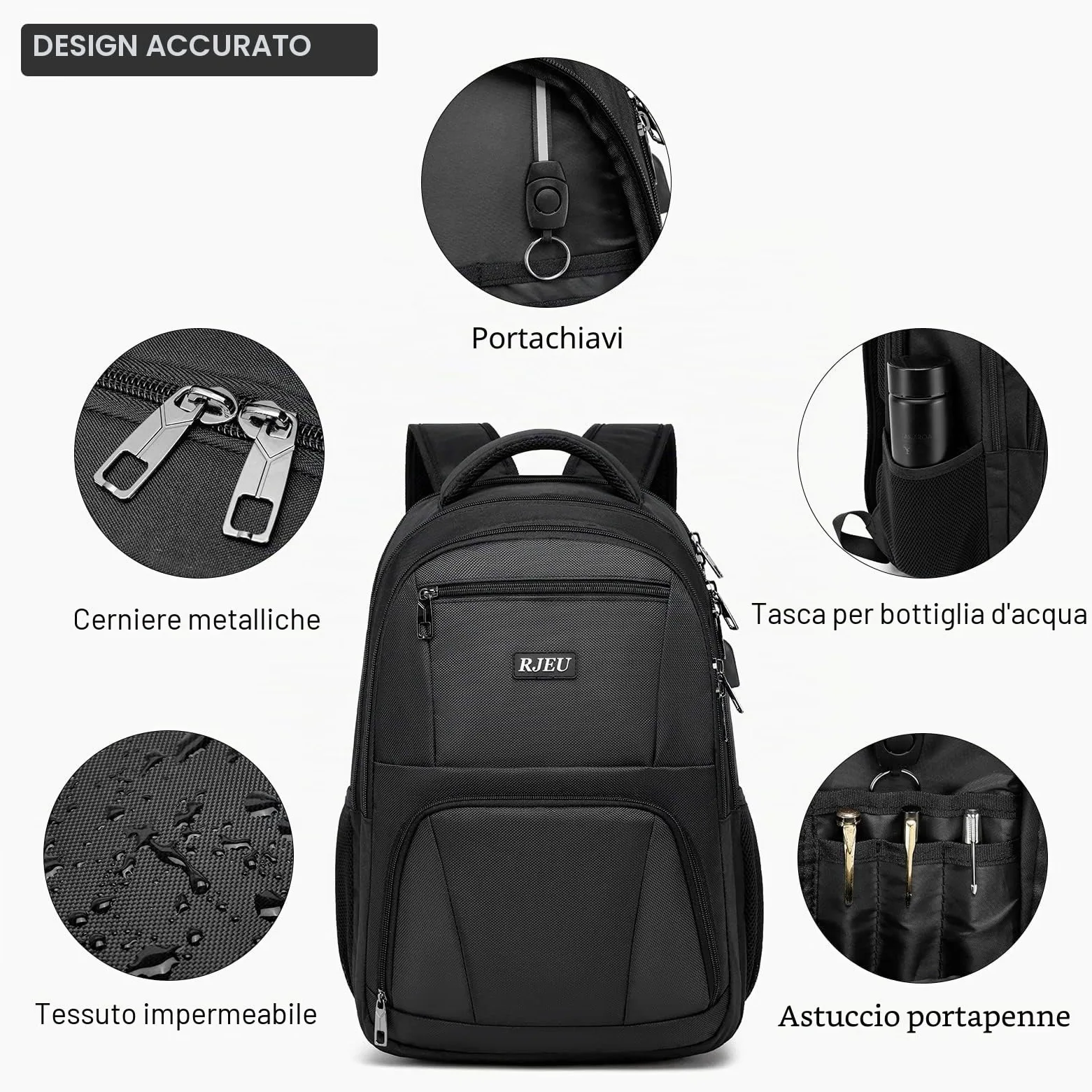 Zaino Uomo, Zaino Scuola Superiore Media Università, Zaino per PC Portatile da 17,3 Pollici con Porta USB, Zaino da Lavoro Impermeabile per Laptop, Viaggio - Regalo per Uomo e Donna, Nero