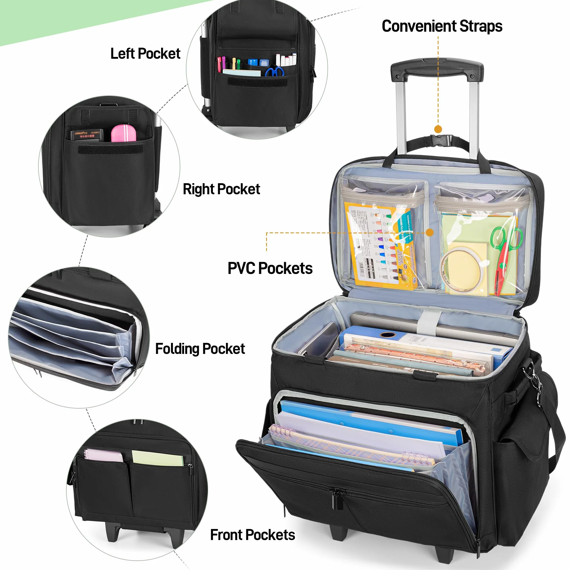 Borsa per Insegnanti con Rotelle Trunab, Trolley Staccabile, Tasca Portadocumenti Espandibile, per Laptop 15,6 Pollici, Nero