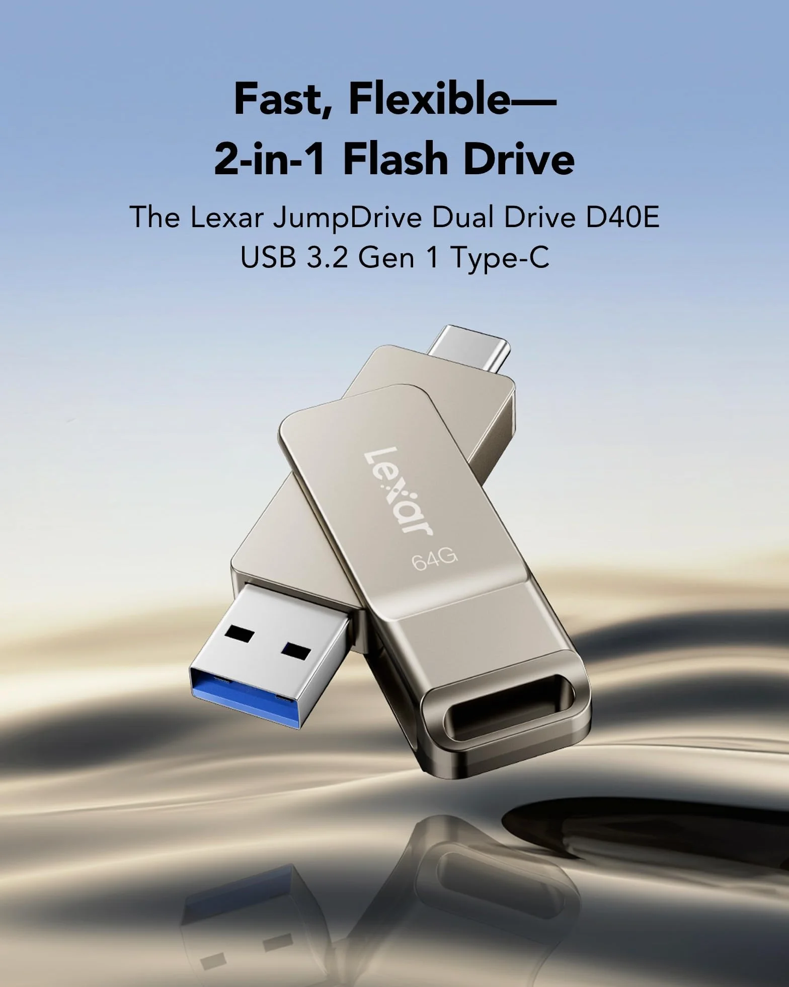 Lexar D40E 64 GB Dual Drive USB 3.2 Gen 1 Type-C Jump Drive, unità flash USB-C in metallo, design girevole, Champagne Argento