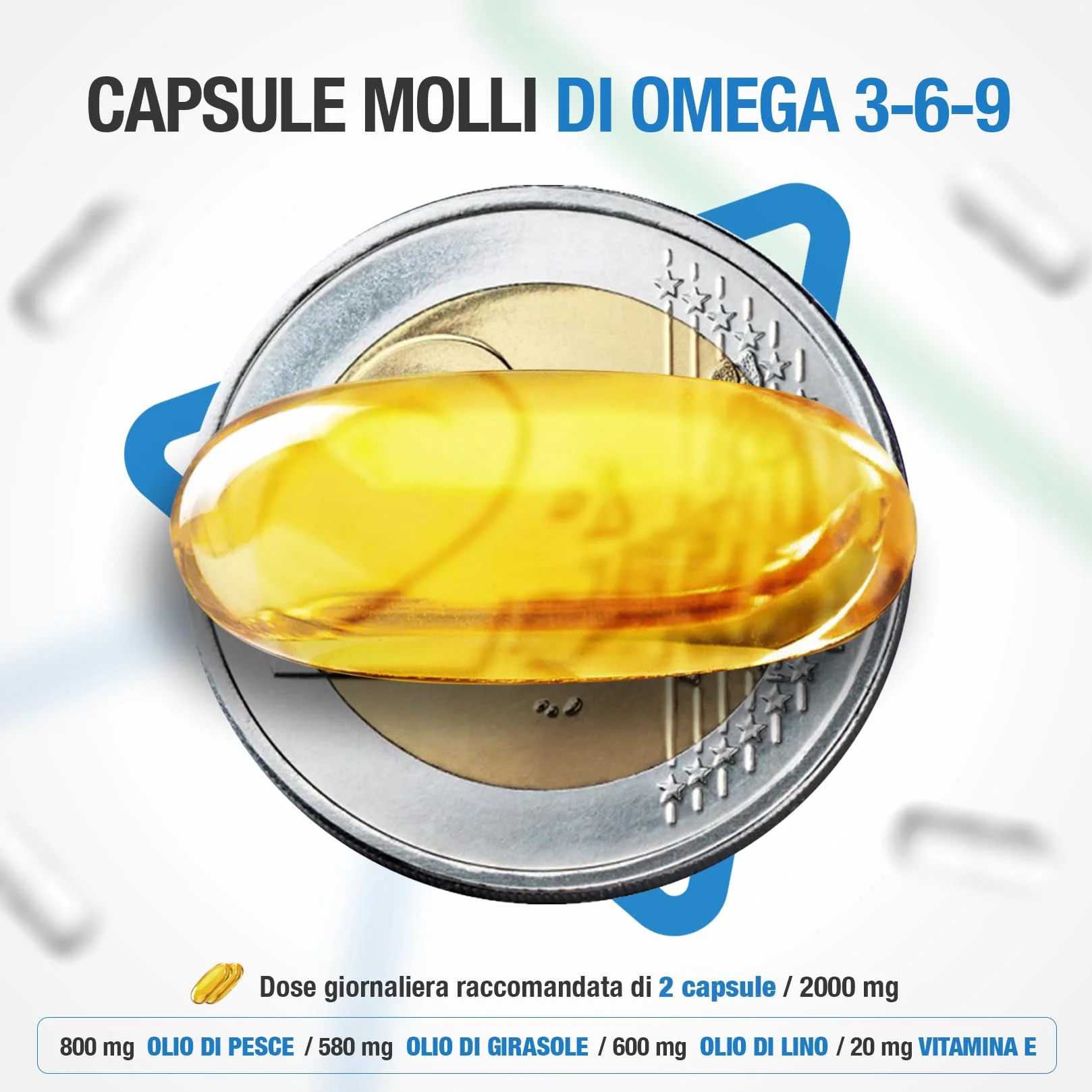 Omega 3 6 9 Integratore 1000 mg per Softgel Olio di Pesce Borragine Girasole Vitamina E 100 Capsule