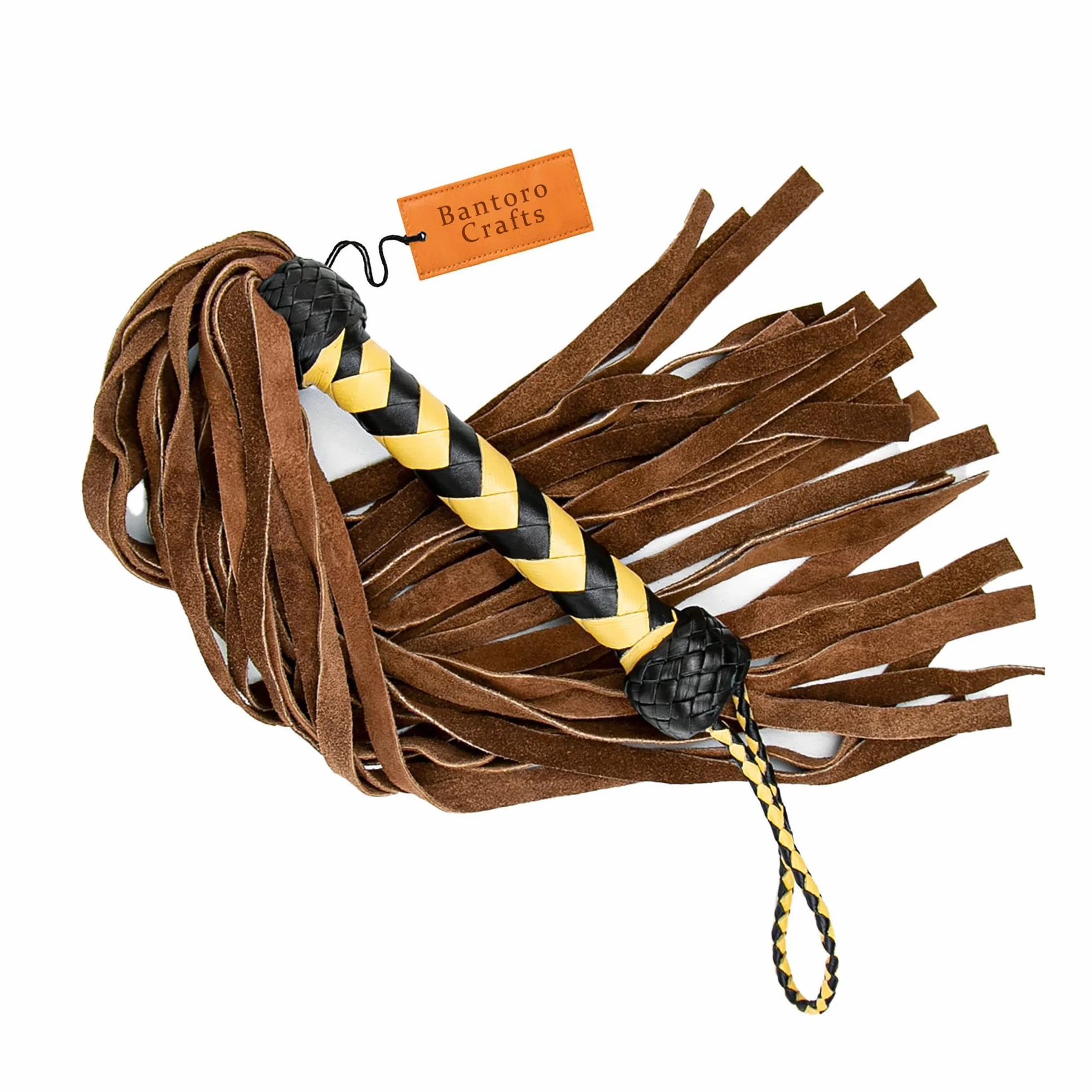 Flogger in Pelle Premium a 30 Gocce Thuddy Marrone e Giallo Frusta Erotica BDSM per sculacciate