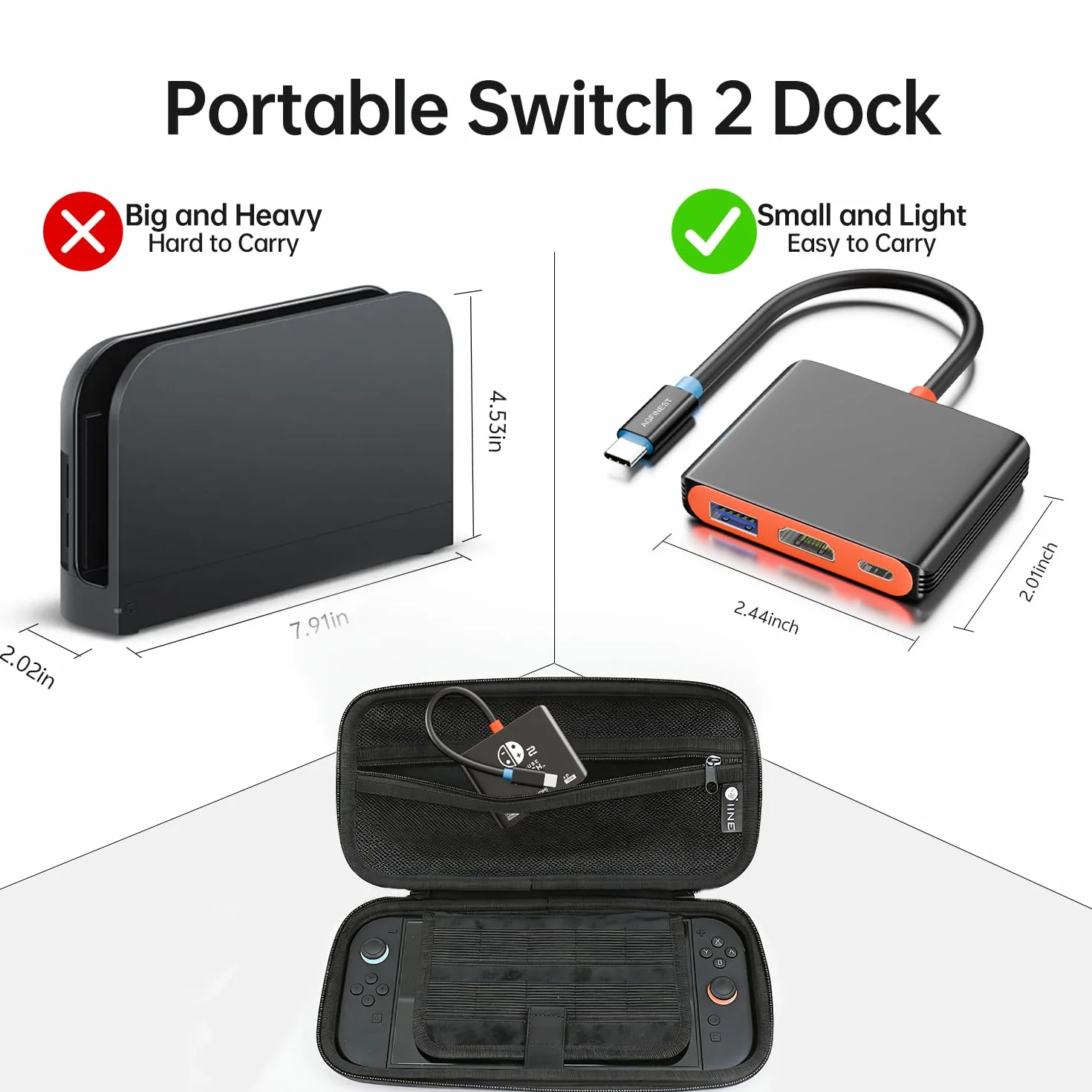 Sostituto Dock per Switch 2, 4K@60Hz HDR, 100W PD, USB-A 3.1 10Gbps, Dock Portatile per Viaggi e Gaming, Dissipazione in Alluminio Perfetto per Steam Deck, Switch OLED/2/1, Supporta l'ultimo Firmware