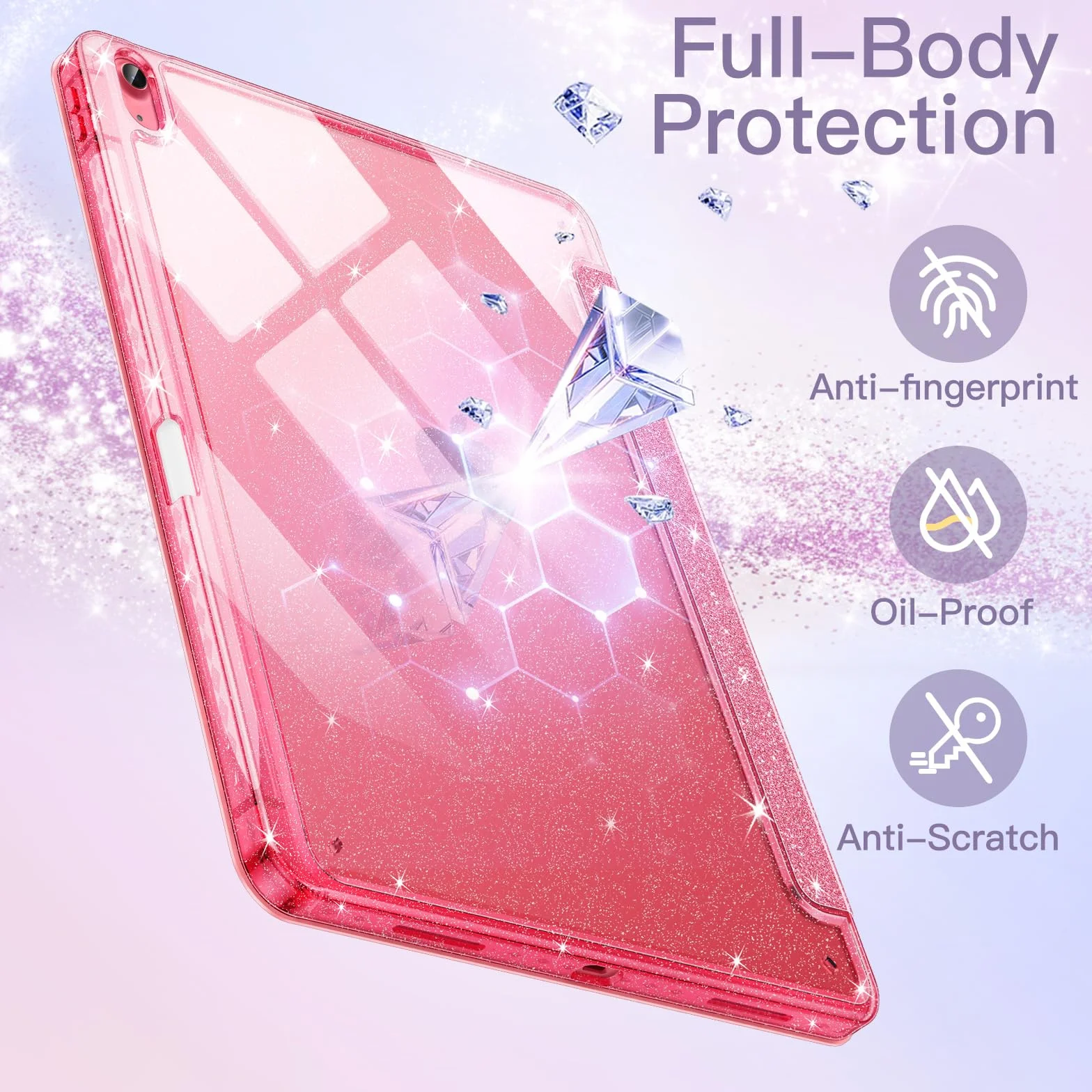 JETech Custodia Glitter per iPad (A16) 11a/10a Generazione (2025/2022) con Portapenne, Cover Sottile Scintillante, Guscio Posteriore Trasparente Lucido (Rosa)