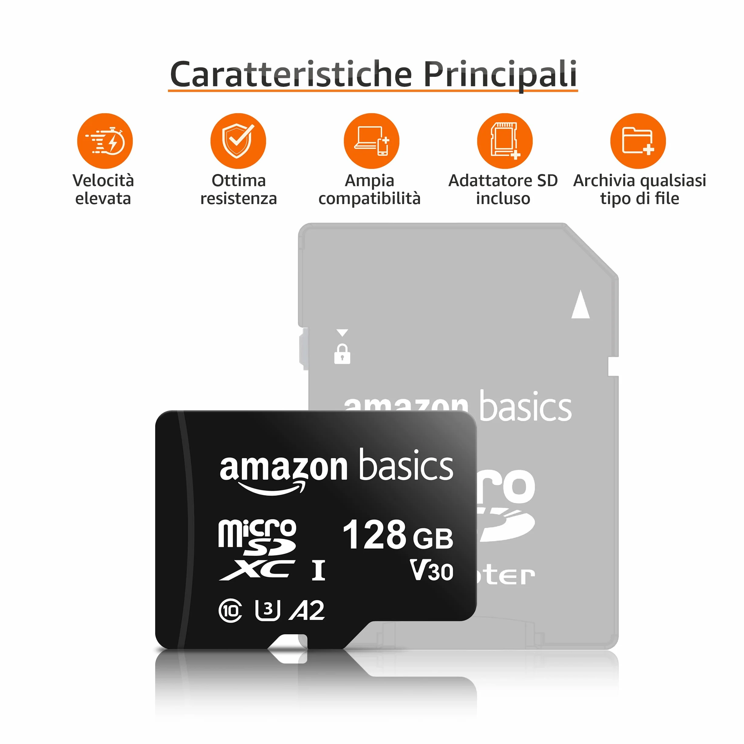 Amazon Basics Scheda di Memoria microSDXC 128GB A2 U3 100MB/s con Adattatore SD Nero
