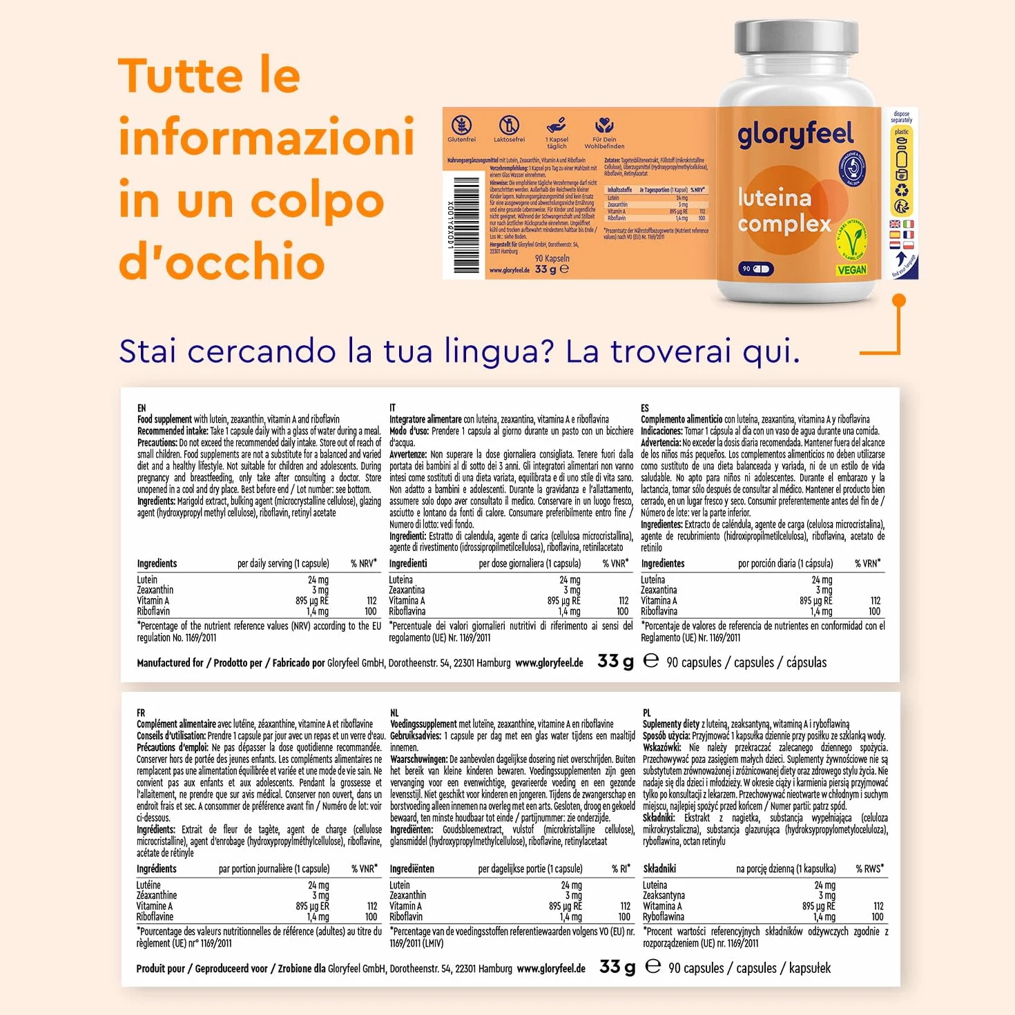 Luteina e Zeaxantina Capsule 90 Capsule Integratore Occhi con Vitamina A & Riboflavina Alto Dosaggio Vegan