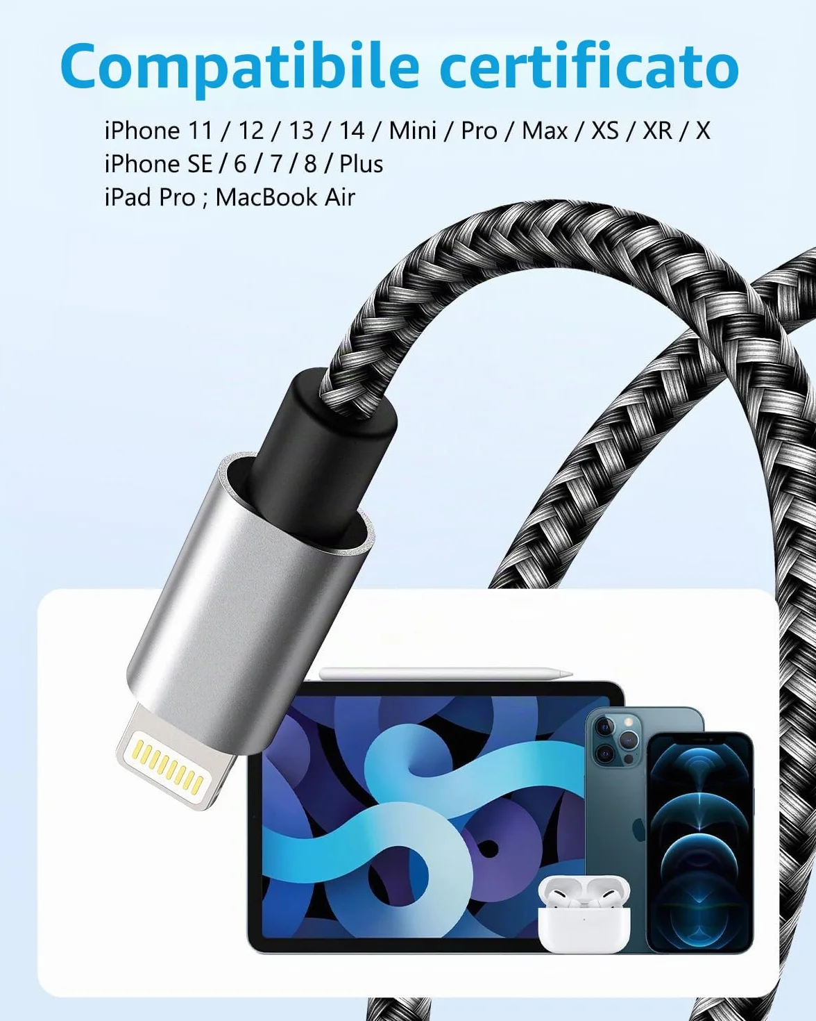 IDISON Cavo iPhone 5 Pezzi, 2M 2M 1m 3m,USB A to Lightning MFi Nylon