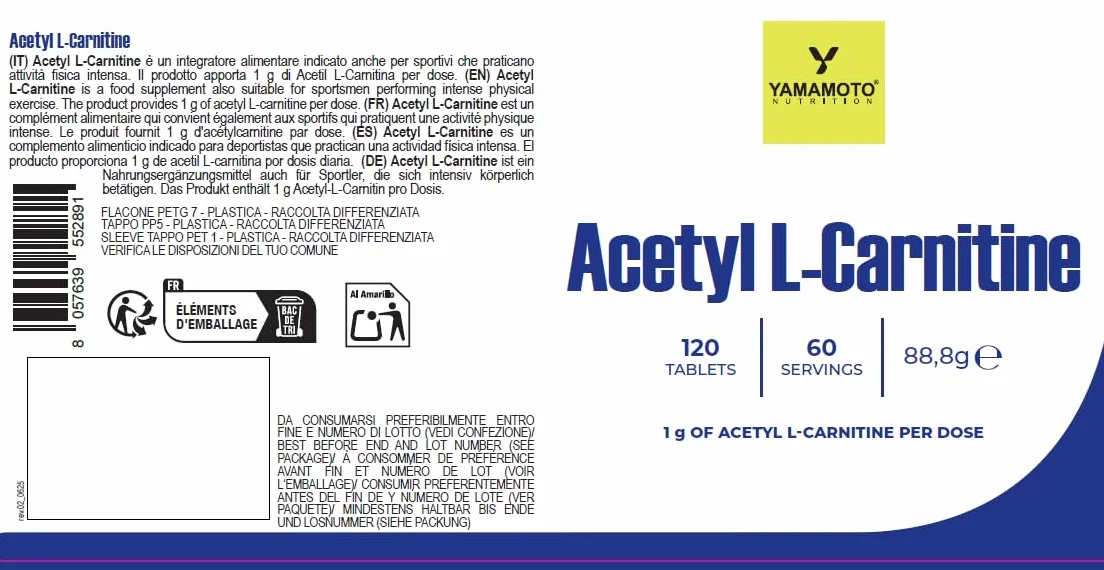YAMAMOTO Nutrition Acetyl L-CARNITINE 60 compresse Integratore Alimentare Acetil Carnitina 1000mg