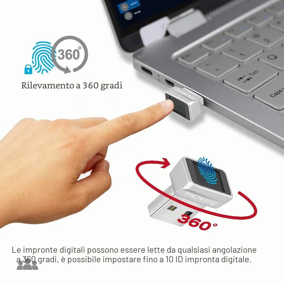 ARCANITE, Lettore di impronte digitali USB per Windows 11/10 Hello, dispositivo di sicurezza con sensore a 360 gradi, latenza 0,05 s