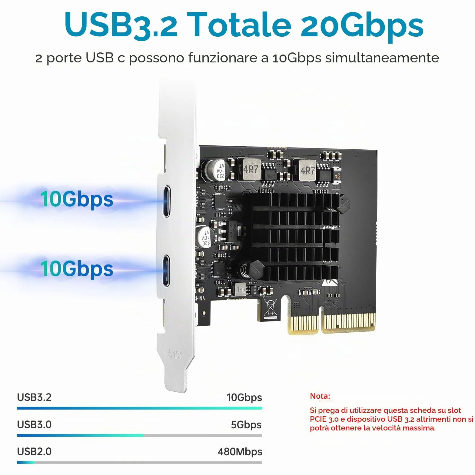 ELUTENG USB C PCIe Card 2 port 2 x 10Gpbs, PCI Express PCIe X4 USB C 3.2 Gen2 scheda di espansione 20Gbps con dissipatore di calore di grande area per PC desktop Windows 11/10/8/7/XP
