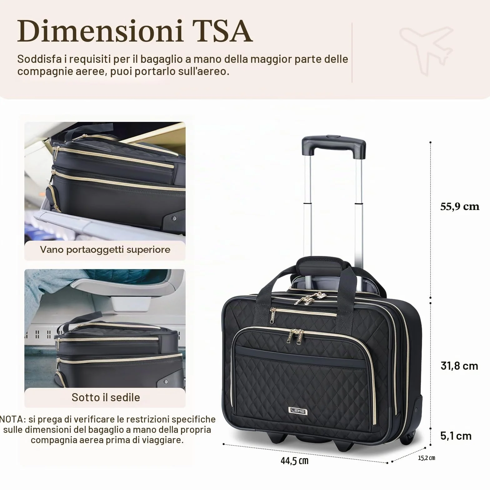 Trolley per Laptop da Lavoro con Ruote, Impermeabile, Bagaglio a Mano 15,6", Valigetta da Viaggio Nero